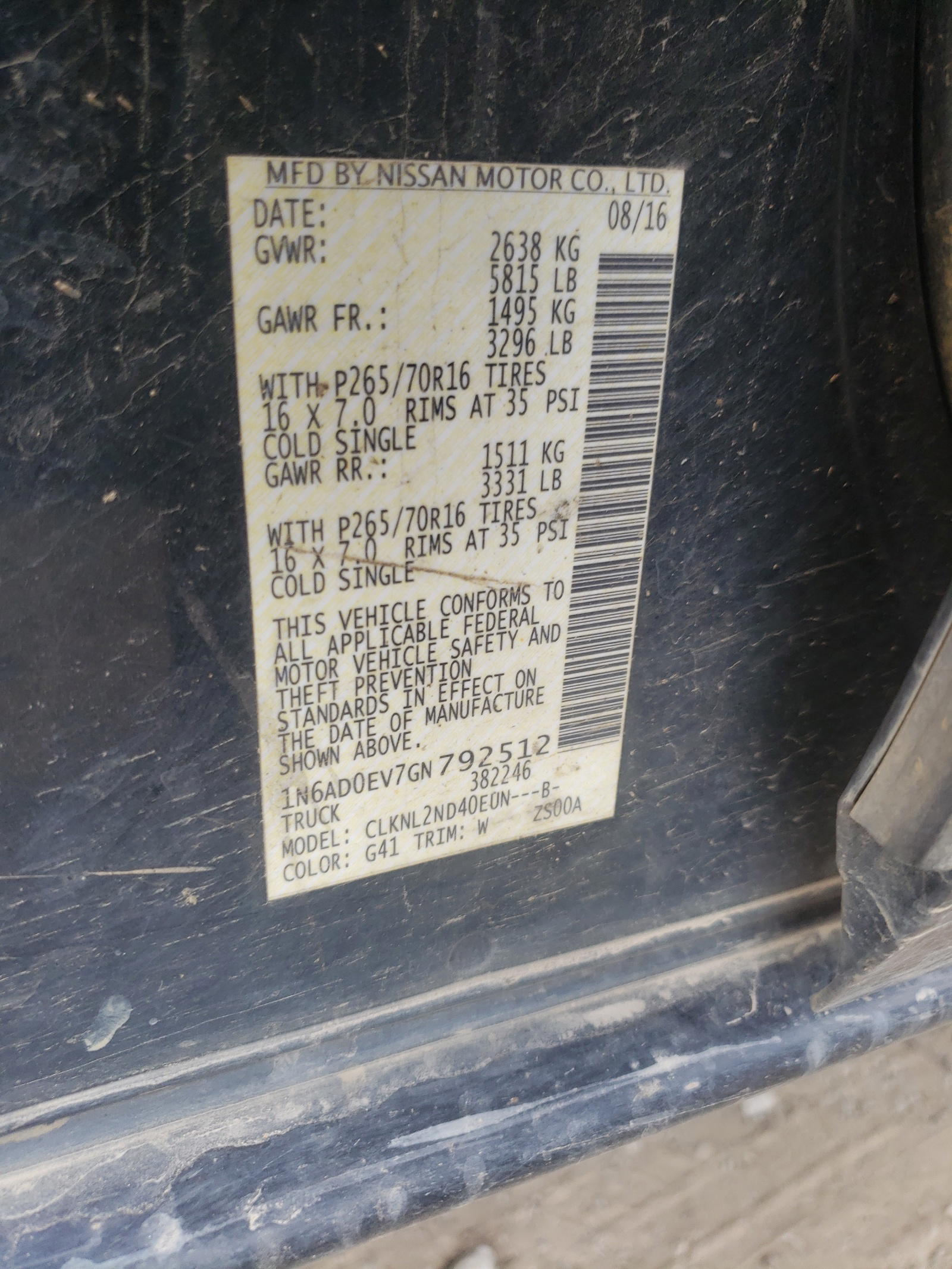 Photo 10 from auction – 2016 NISSAN FRONTIER S with VIN 1N6AD0EV7GN792512