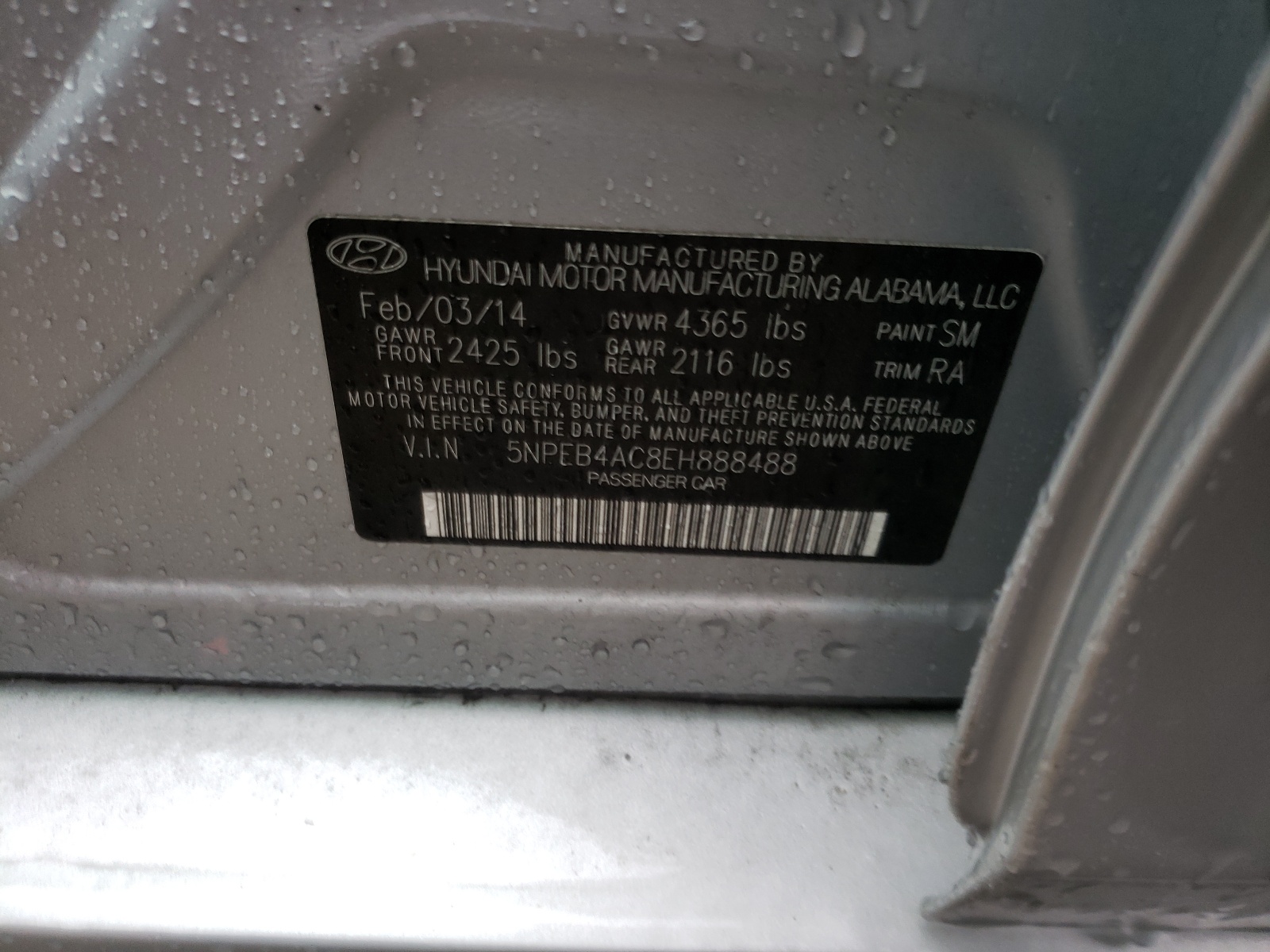 Photo 10 from auction – 2014 HYUNDAI SONATA GLS with VIN 5NPEB4AC8EH888488