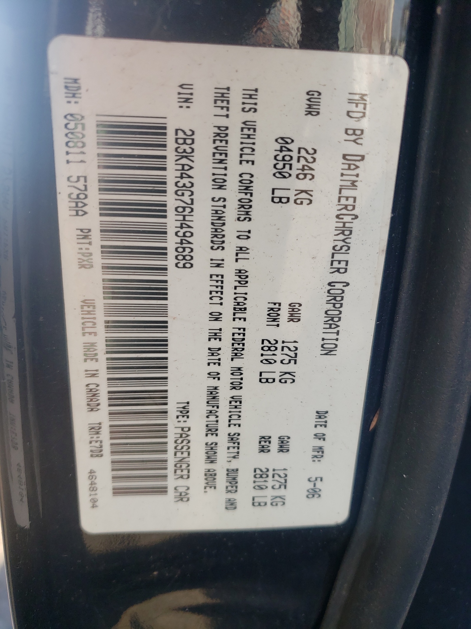 Photo 10 from auction – 2006 DODGE CHARGER SE with VIN 2B3KA43G76H494689