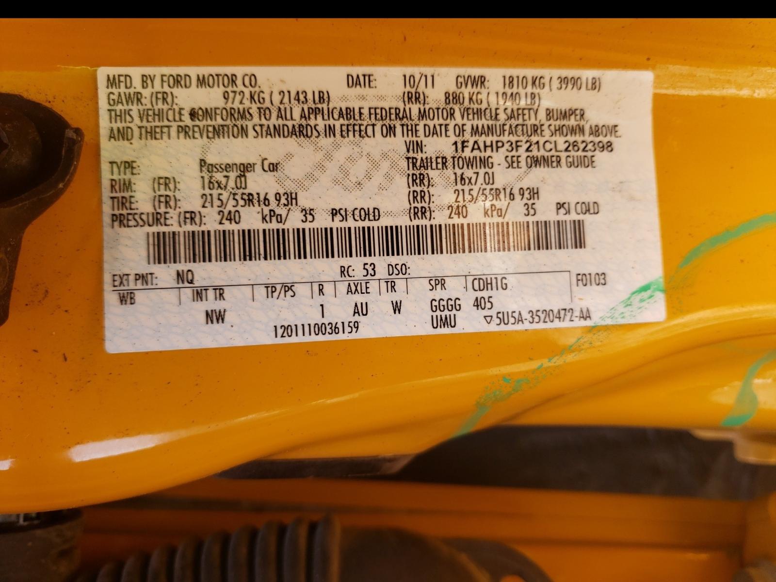 Photo 10 from auction – 2012 FORD FOCUS SE with VIN 1FAHP3F21CL262398