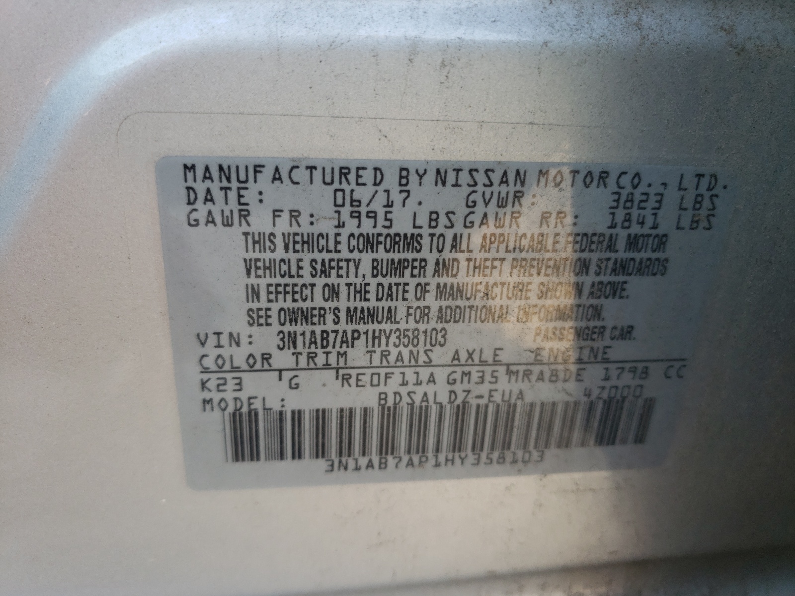 Photo 10 from auction – 2017 NISSAN SENTRA S with VIN 3N1AB7AP1HY358103