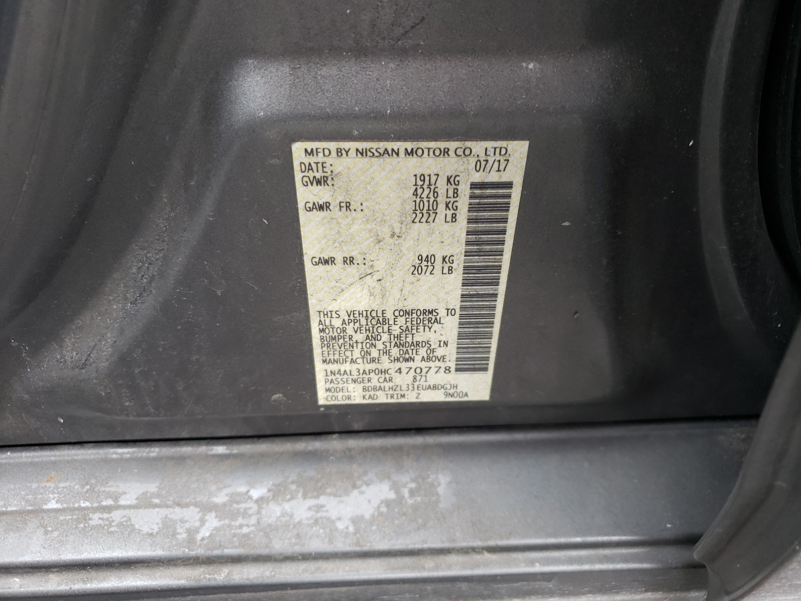 Photo 10 from auction – 2017 NISSAN ALTIMA 2.5 with VIN 1N4AL3AP0HC470778