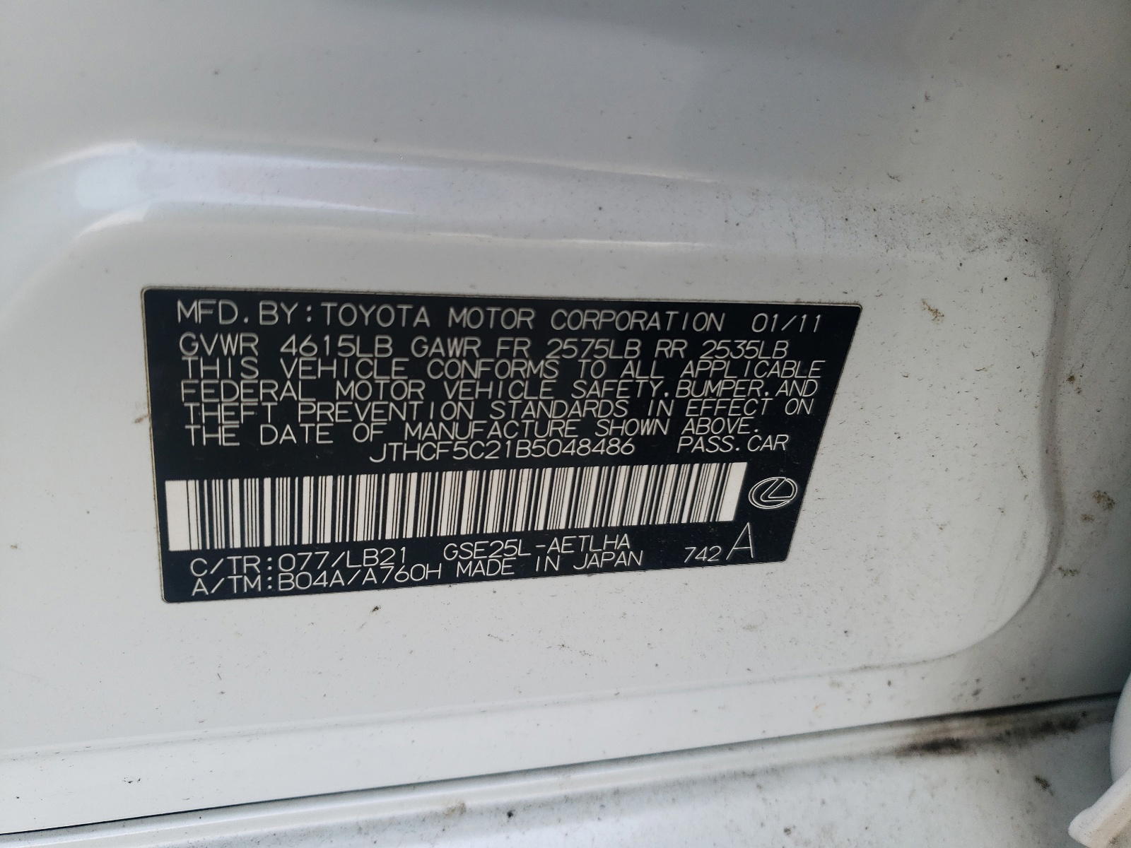 Photo 10 from auction – 2011 LEXUS IS 250 with VIN JTHCF5C21B5048486