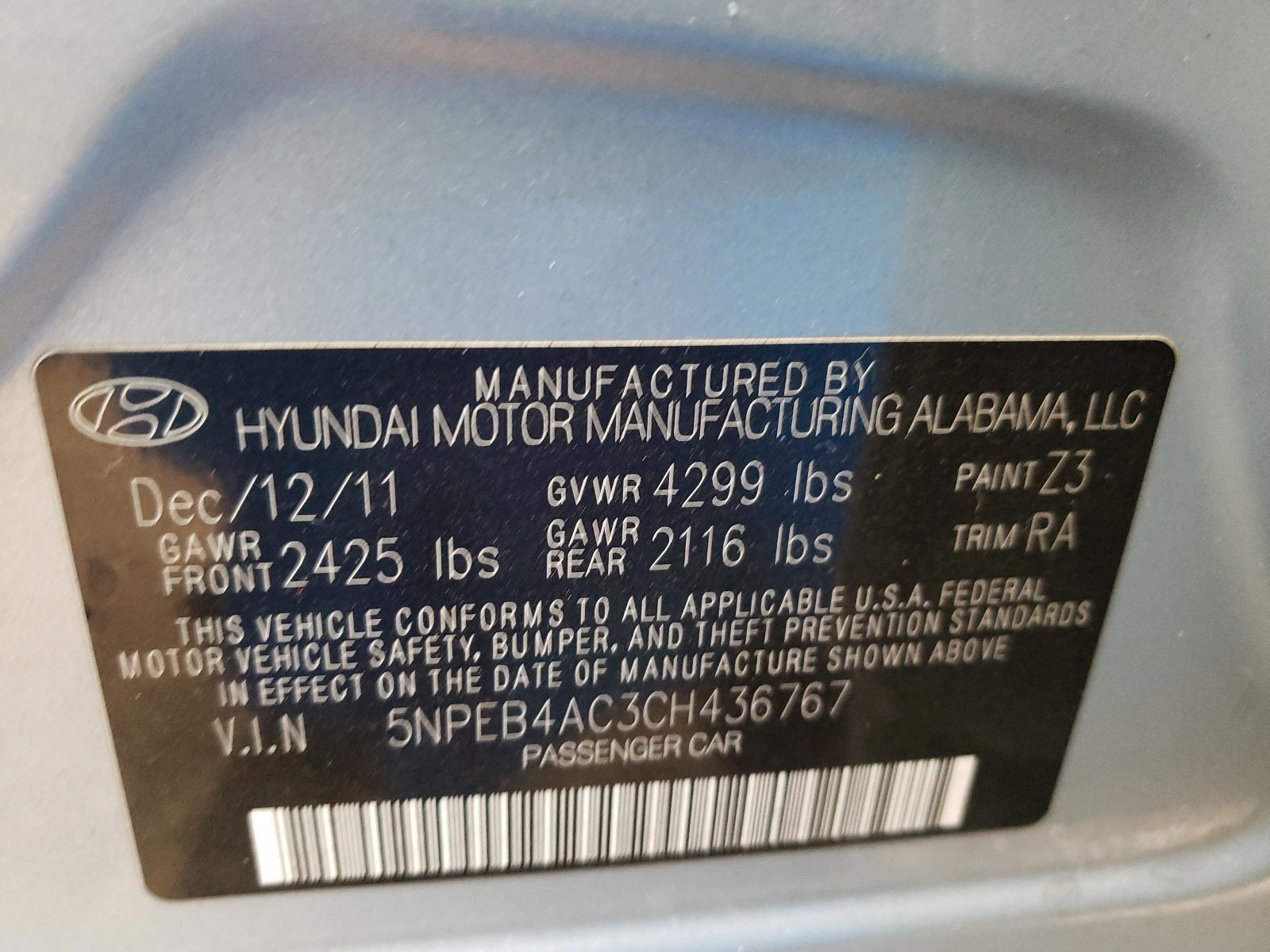 Photo 10 from auction – 2012 HYUNDAI SONATA GLS with VIN 5NPEB4AC3CH436767