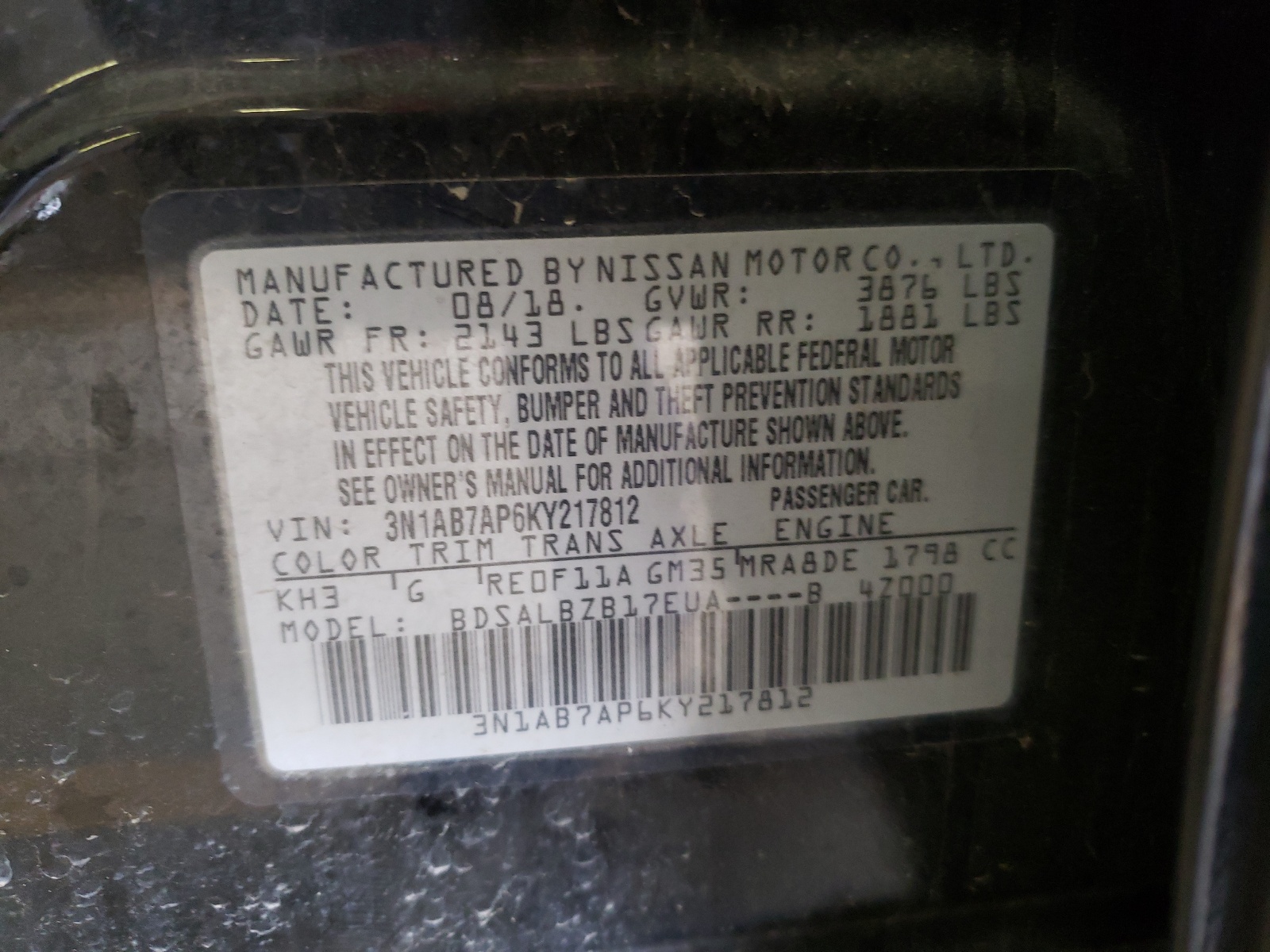 Photo 10 from auction – 2019 NISSAN SENTRA S with VIN 3N1AB7AP6KY217812