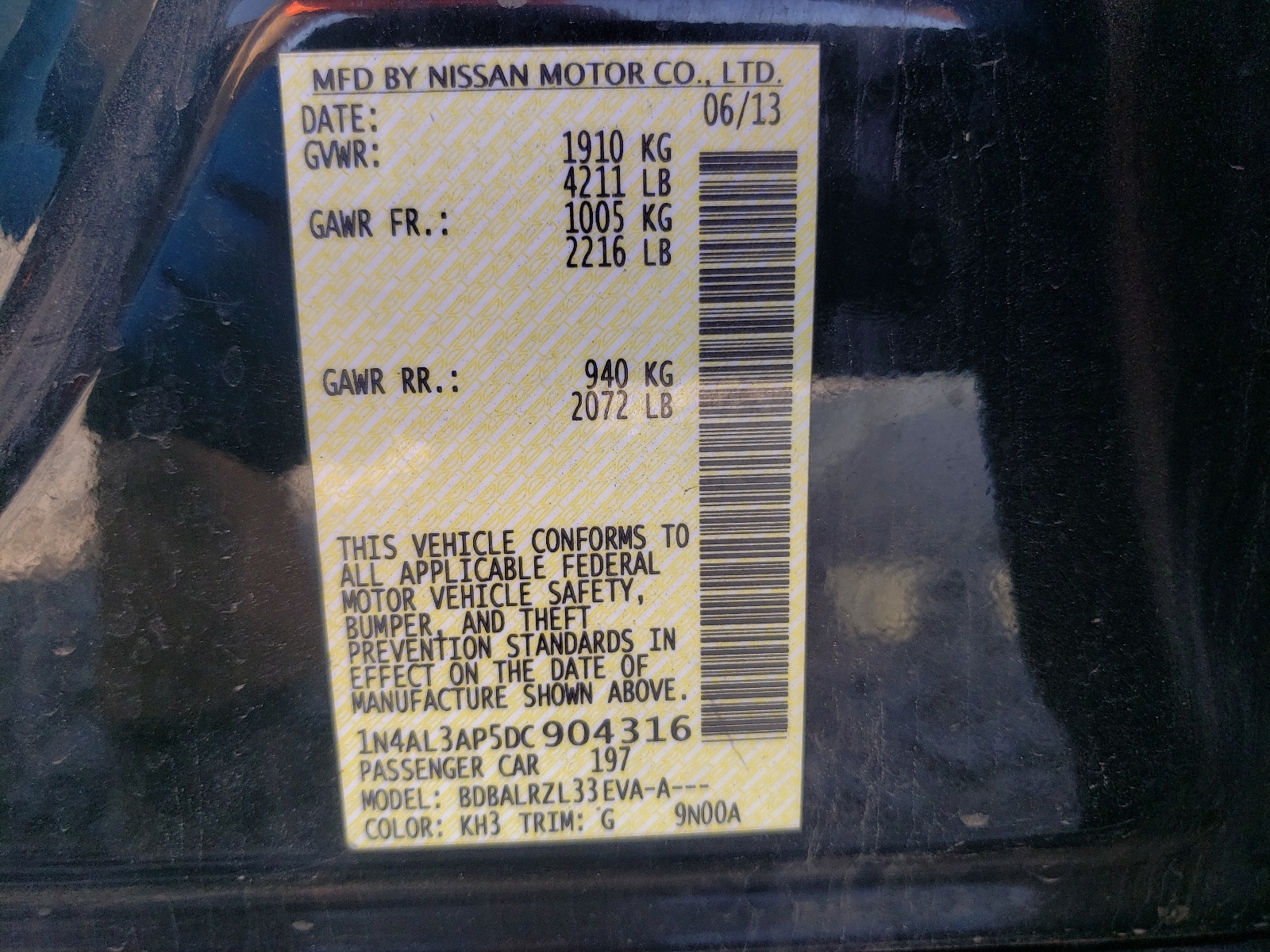Photo 10 from auction – 2013 NISSAN ALTIMA 2.5 with VIN 1N4AL3AP5DC904316