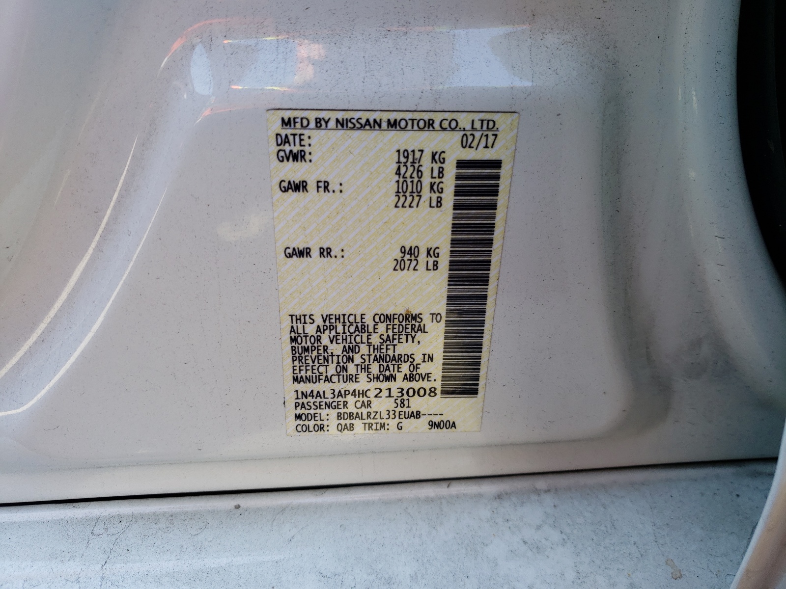 Photo 10 from auction – 2017 NISSAN ALTIMA 2.5 with VIN 1N4AL3AP4HC213008