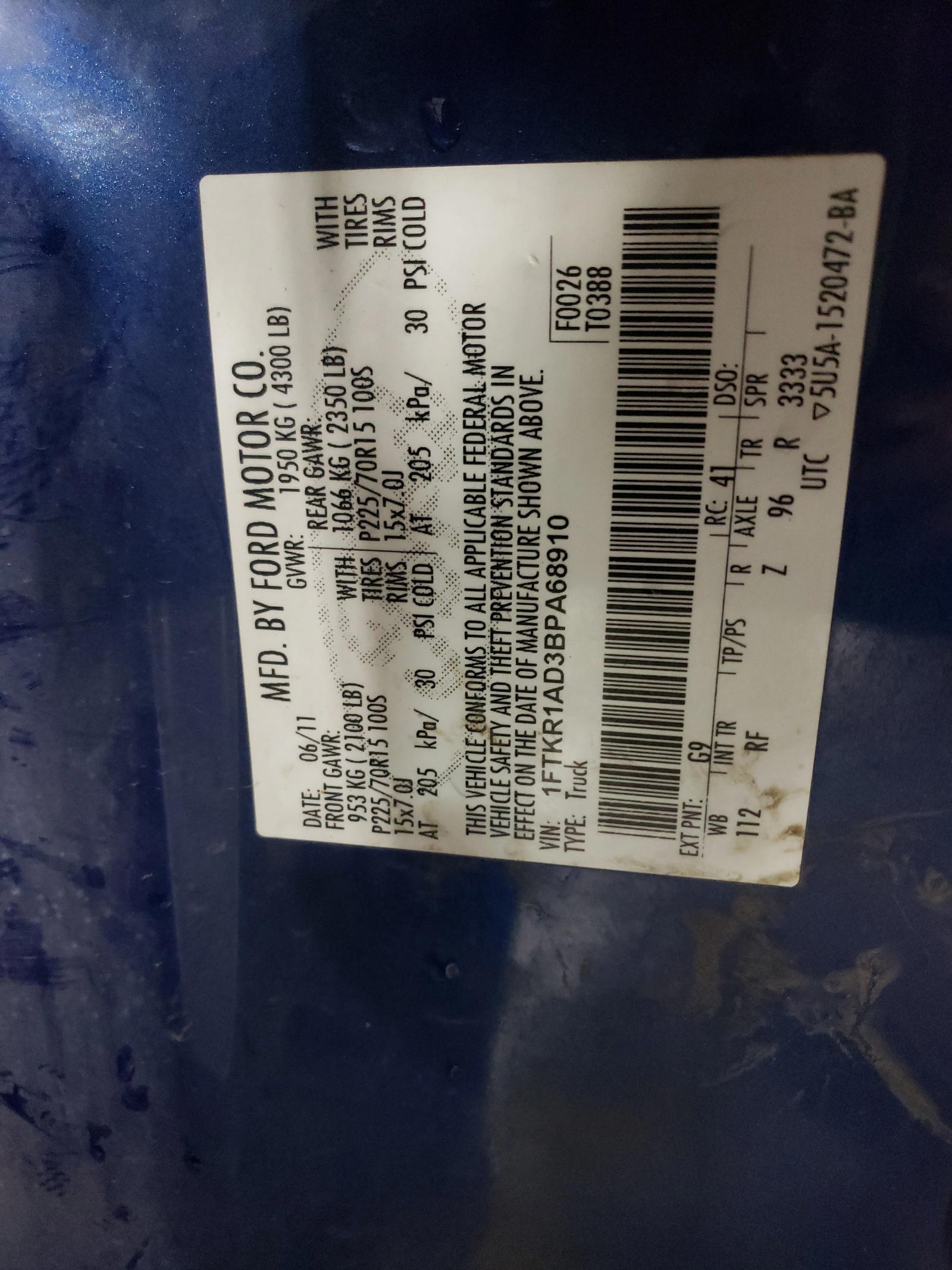 Photo 10 from auction – 2011 FORD RANGER with VIN 1FTKR1AD3BPA68910