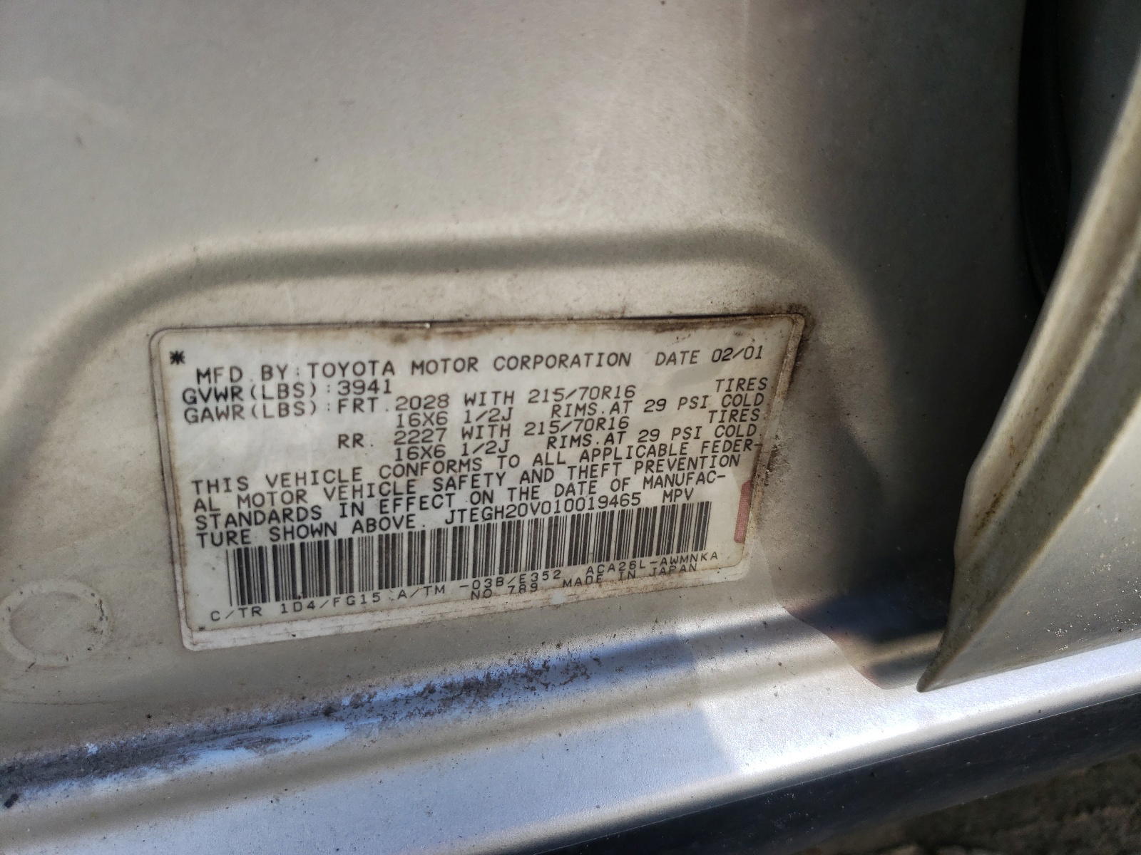 Photo 10 from auction – 2001 TOYOTA RAV4 with VIN JTEGH20V010019465