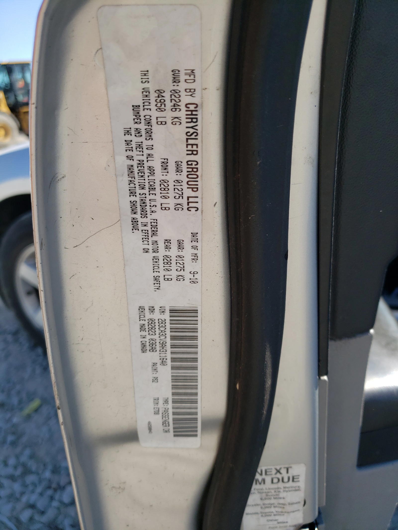 Photo 10 from auction – 2010 DODGE CHARGER SX with VIN 2B3CA3CV9AH311640