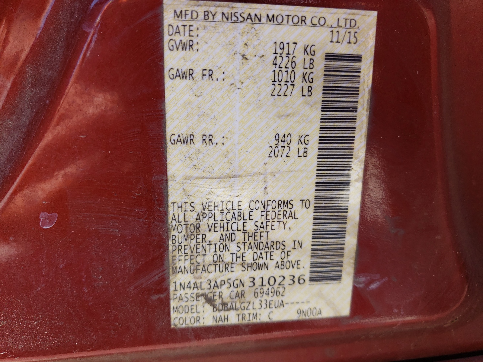 Photo 10 from auction – 2016 NISSAN ALTIMA 2.5 with VIN 1N4AL3AP5GN310236