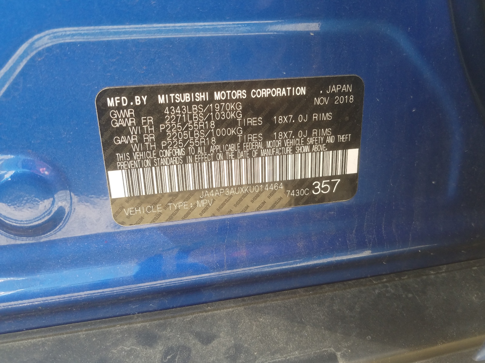 Photo 10 from auction – 2019 MITSUBISHI OUTLANDER with VIN JA4AP3AUXKU014464