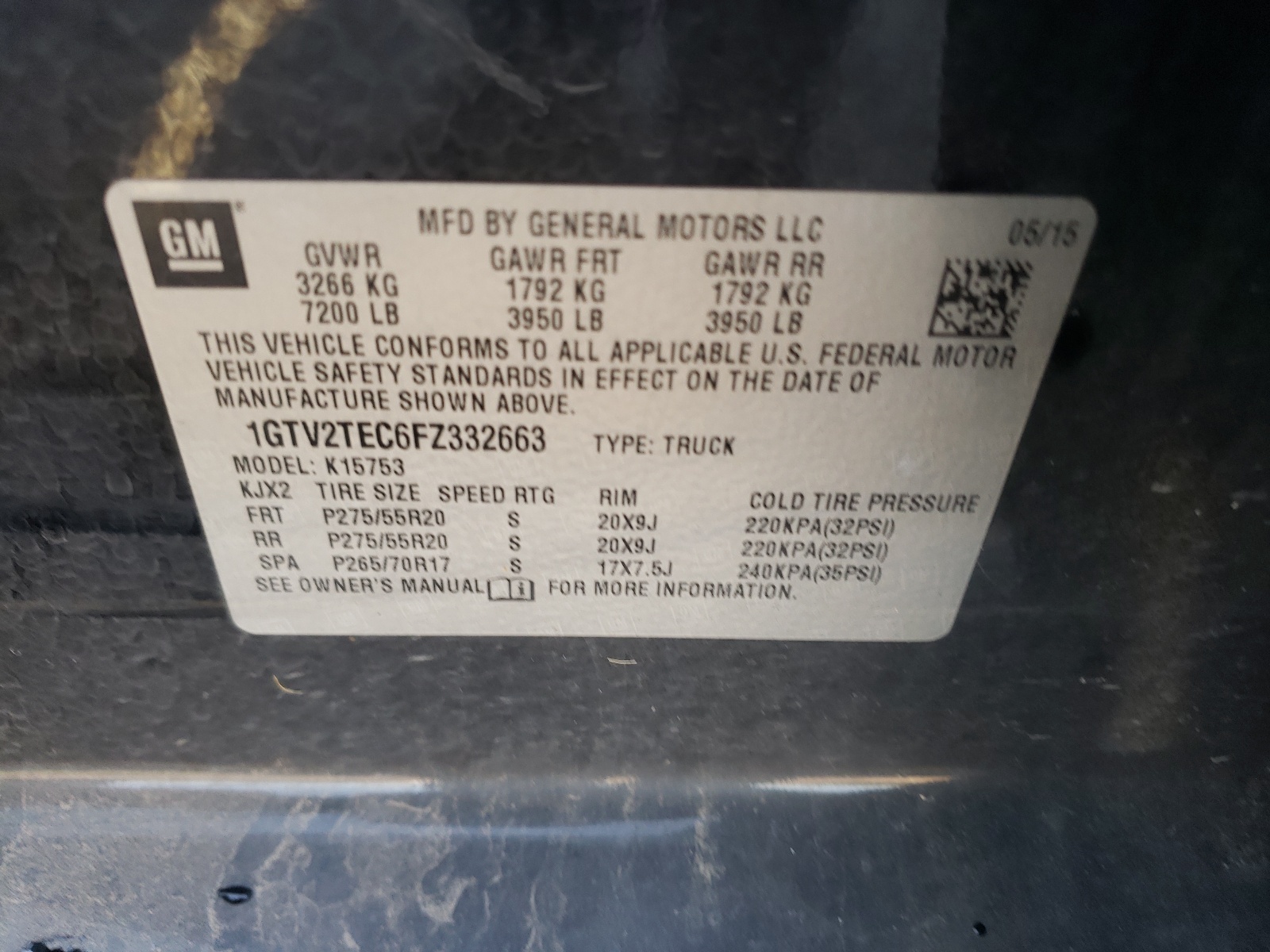 Zdjęcie 10 z aukcji – 2015 GMC SIERRA K15 z VIN 1GTV2TEC6FZ332663