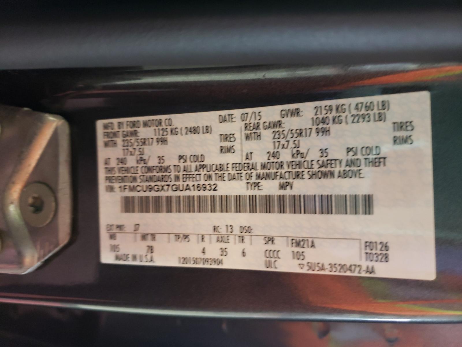 Photo 10 from auction – 2016 FORD ESCAPE SE with VIN 1FMCU9GX7GUA16932