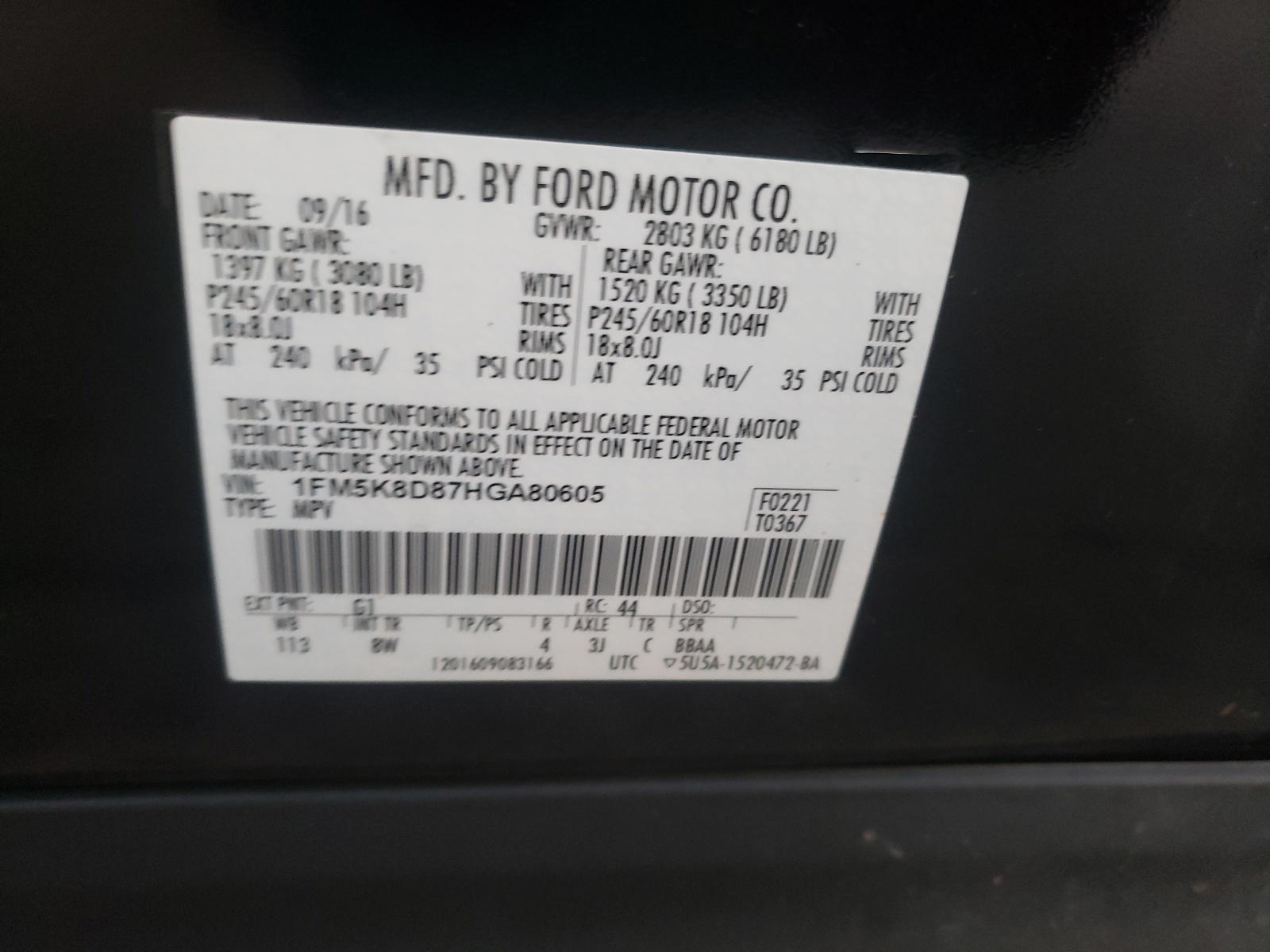 Photo 10 from auction – 2017 FORD EXPLORER X with VIN 1FM5K8D87HGA80605