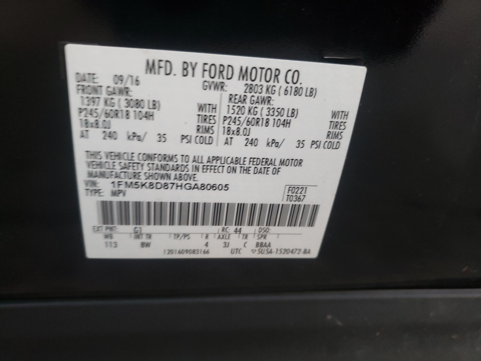Foto 10 de la subasta – 2017 FORD EXPLORER X con VIN 1FM5K8D87HGA80605