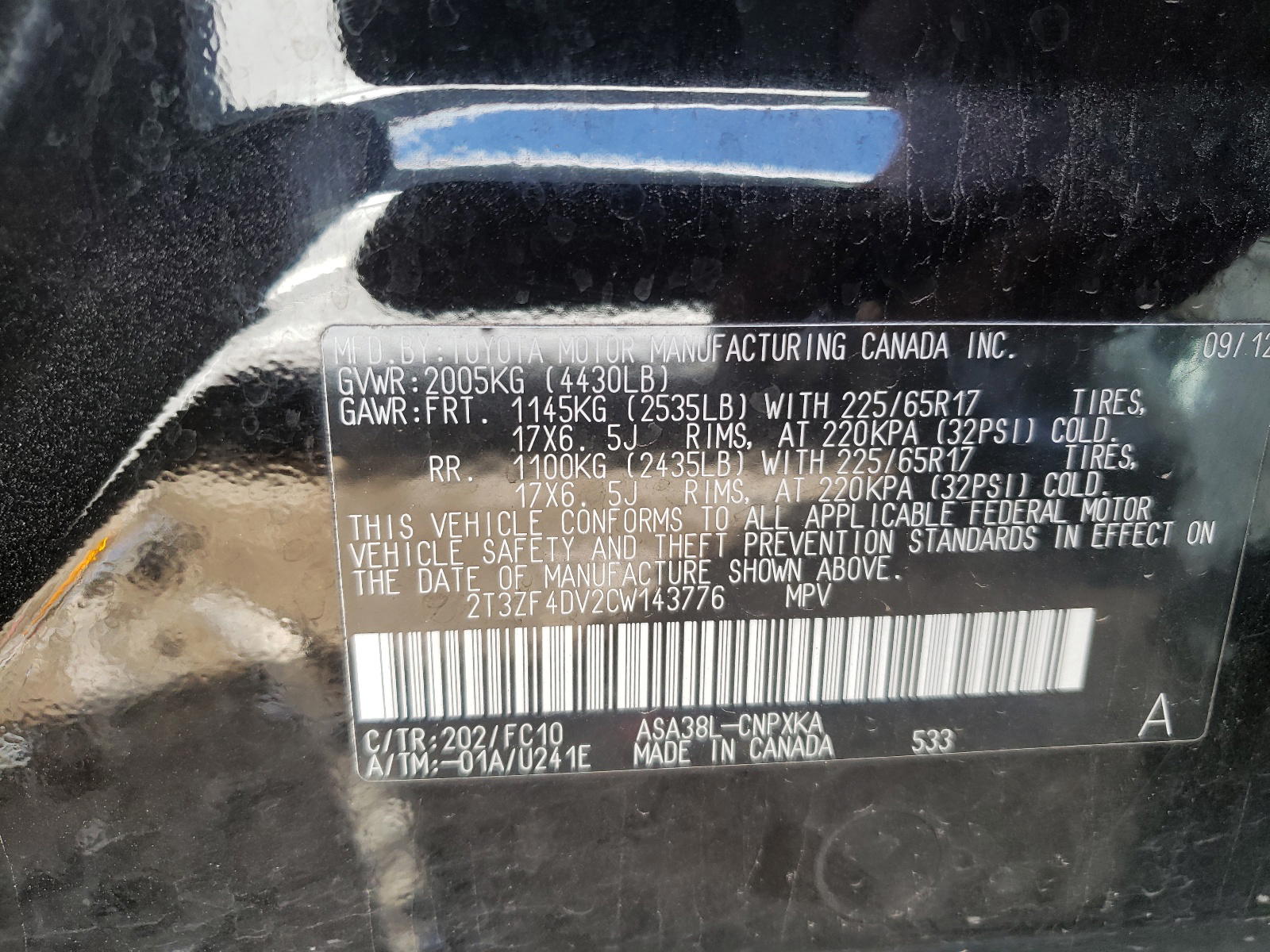 Photo 10 from auction – 2012 TOYOTA RAV4 with VIN 2T3ZF4DV2CW143776