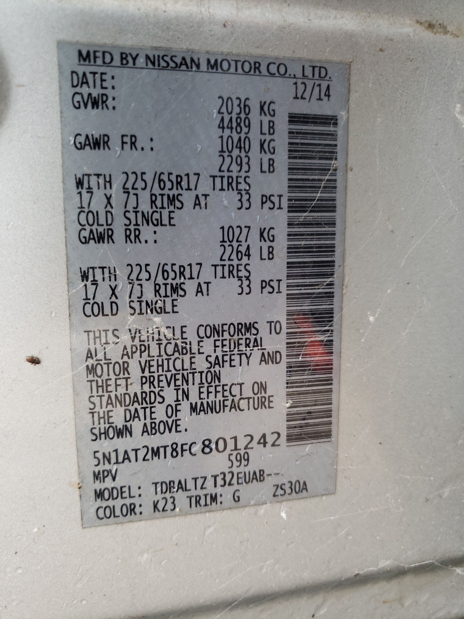Photo 10 from auction – 2015 NISSAN ROGUE S with VIN 5N1AT2MT8FC801242