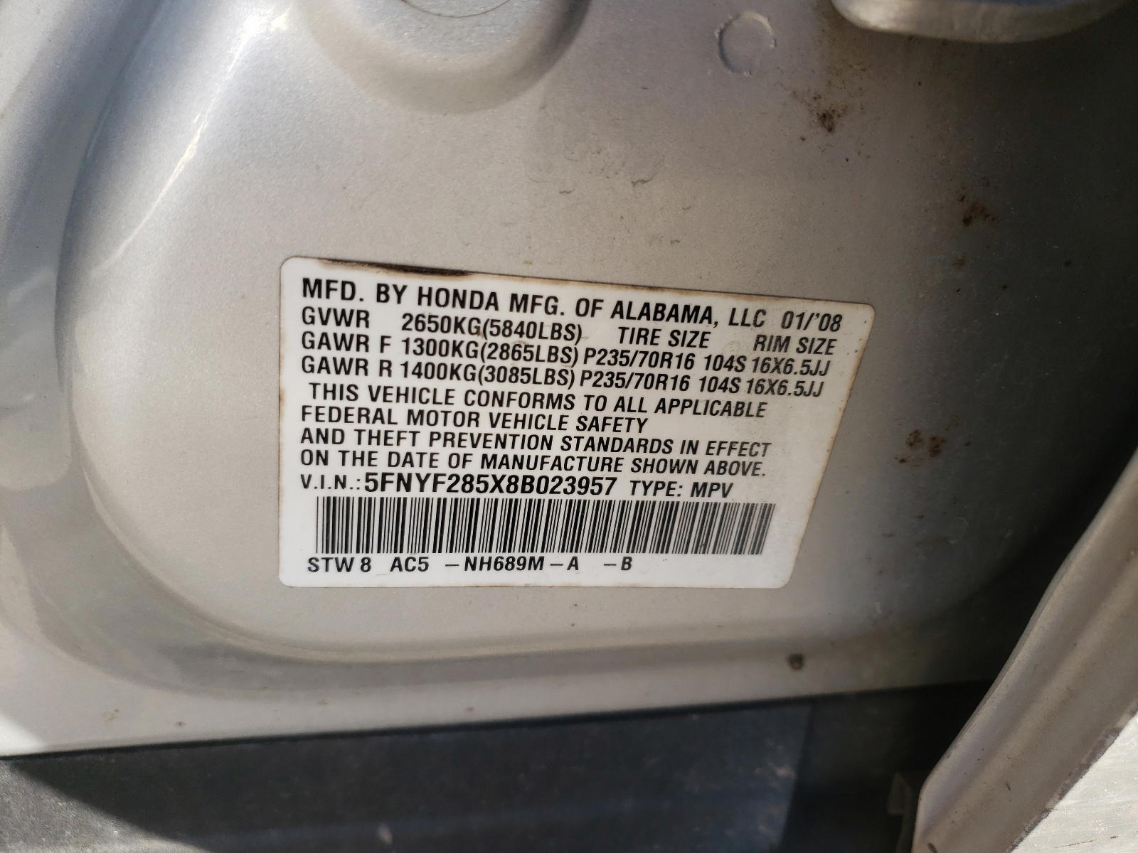 Photo 10 from auction – 2008 HONDA PILOT EXL with VIN 5FNYF285X8B023957