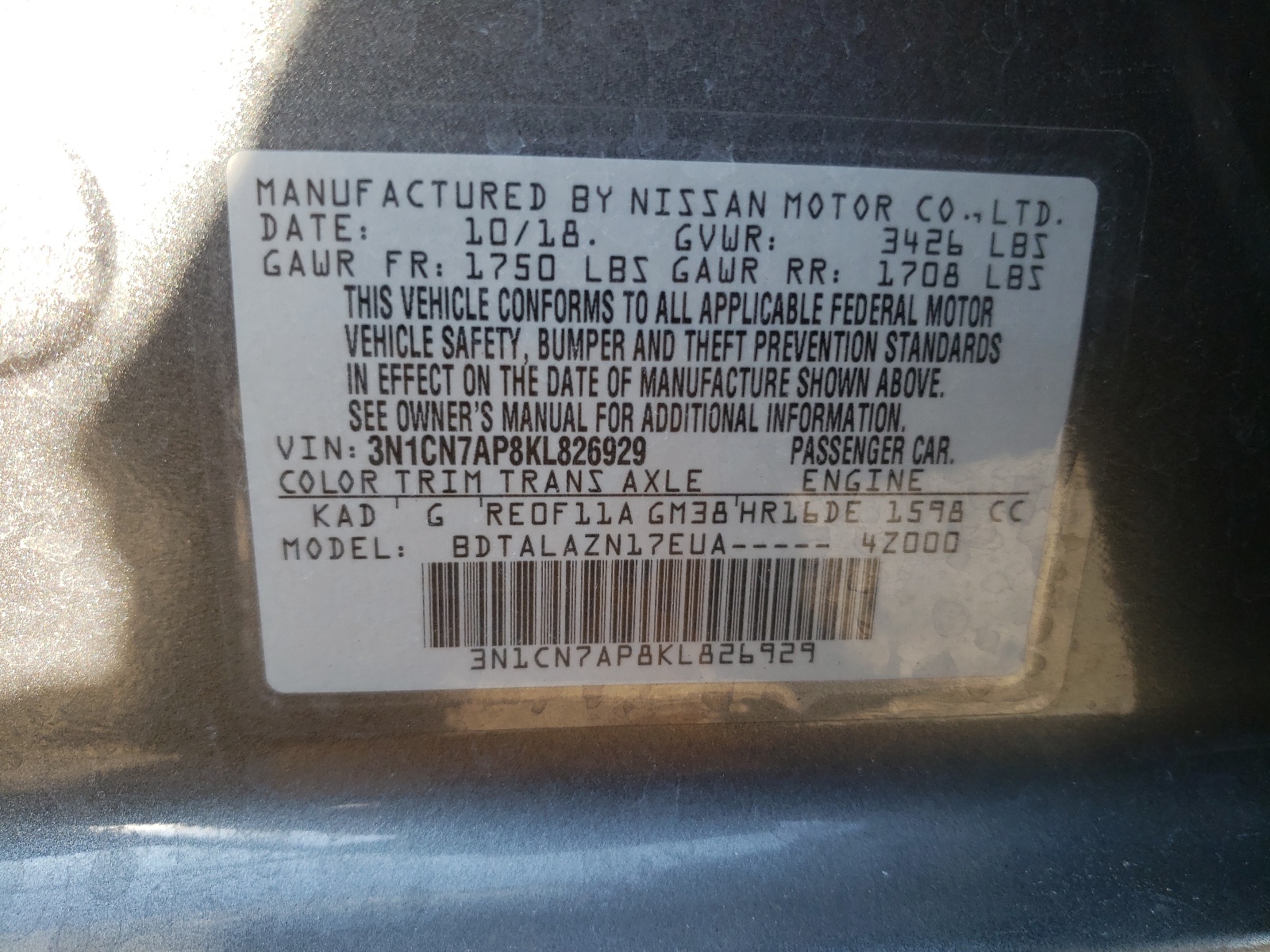 Photo 10 from auction – 2019 NISSAN VERSA S with VIN 3N1CN7AP8KL826929
