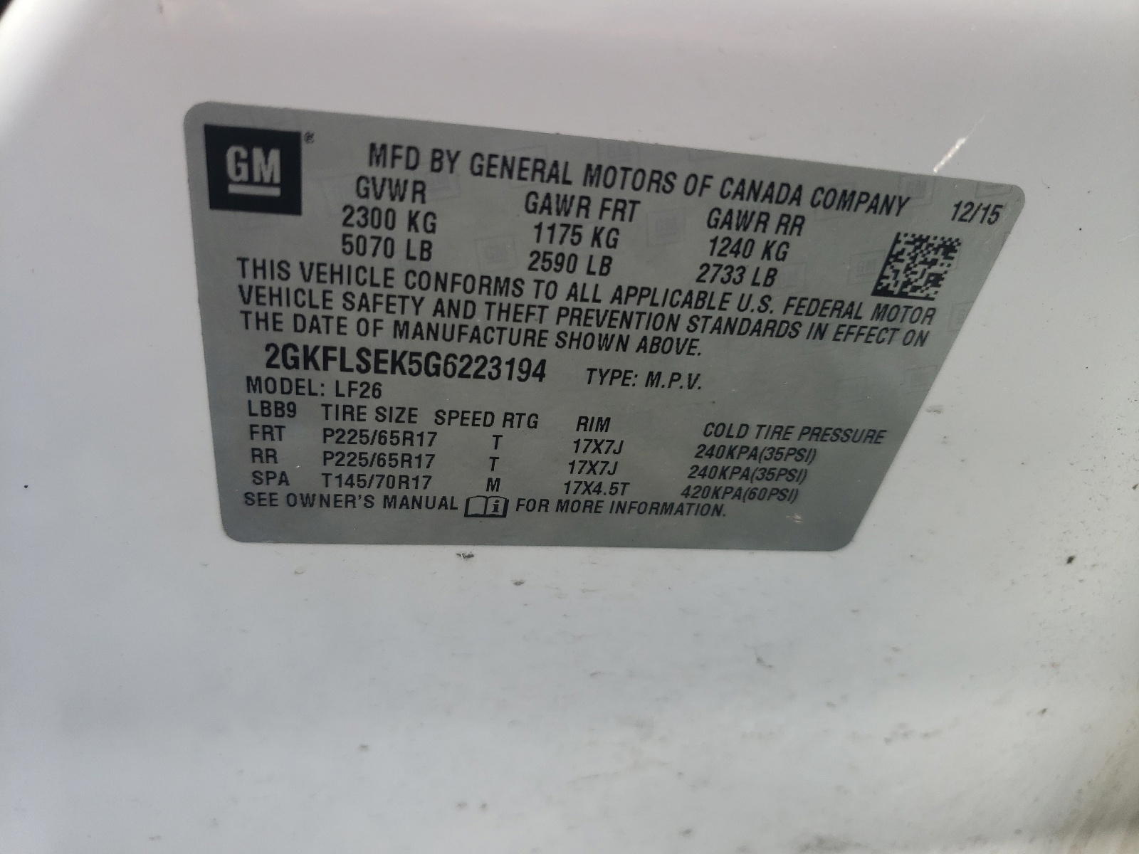 Photo 10 from auction – 2016 GMC TERRAIN SL with VIN 2GKFLSEK5G6223194