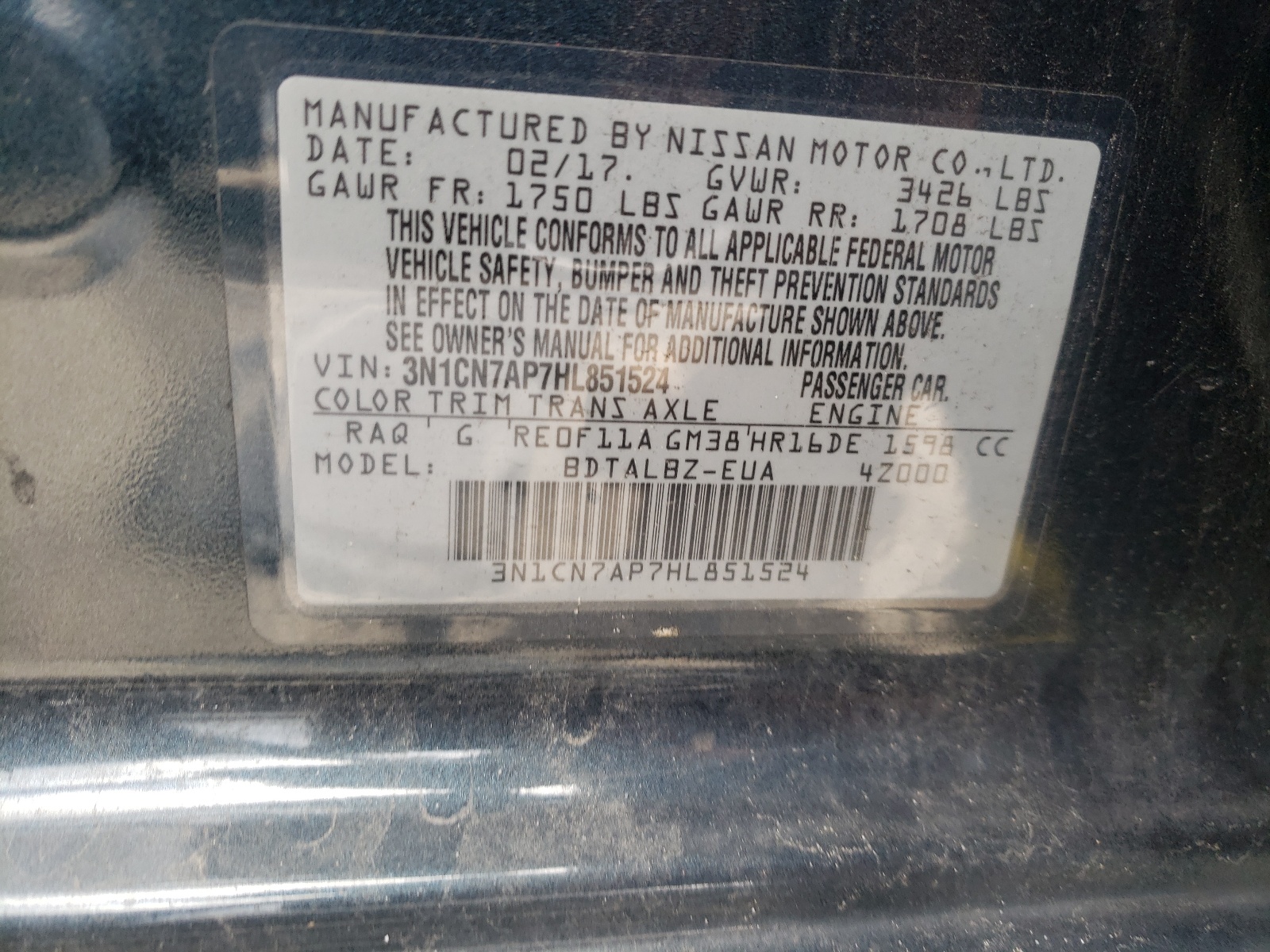 Photo 10 from auction – 2017 NISSAN VERSA S with VIN 3N1CN7AP7HL851524