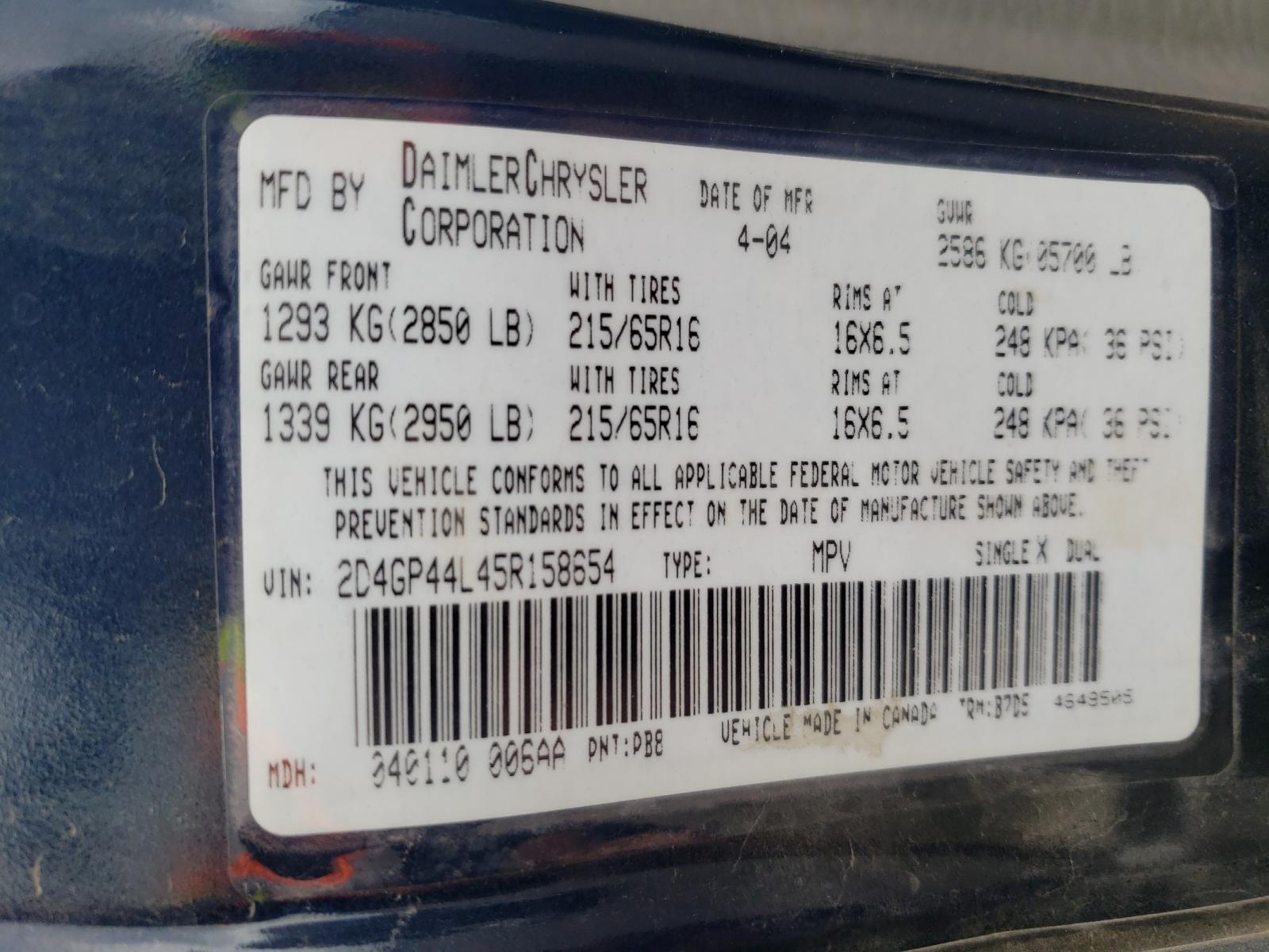 Photo 10 from auction – 2005 DODGE CARAVAN with VIN 2D4GP44L45R158654