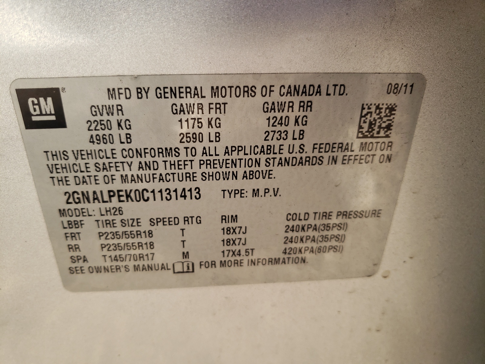 Photo 11 from auction – 2012 CHEVROLET EQUINOX LT with VIN 2GNALPEK0C1131413