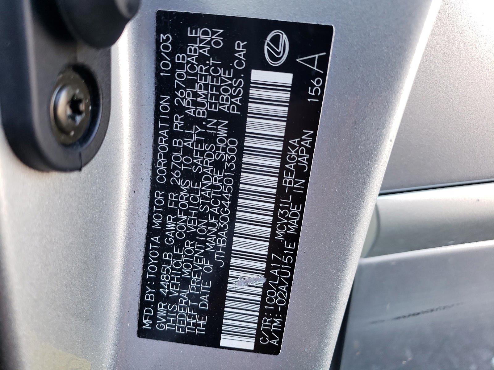 Photo 10 from auction – 2004 LEXUS ES 330 with VIN JTHBA30G445013300