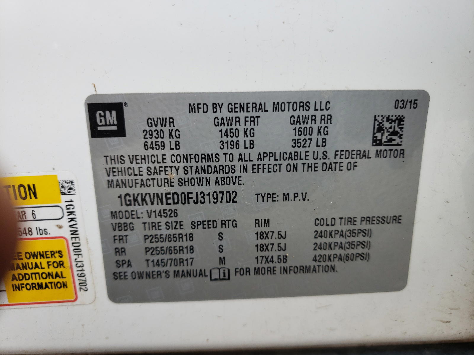 Photo 10 from auction – 2015 GMC ACADIA SLE with VIN 1GKKVNED0FJ319702