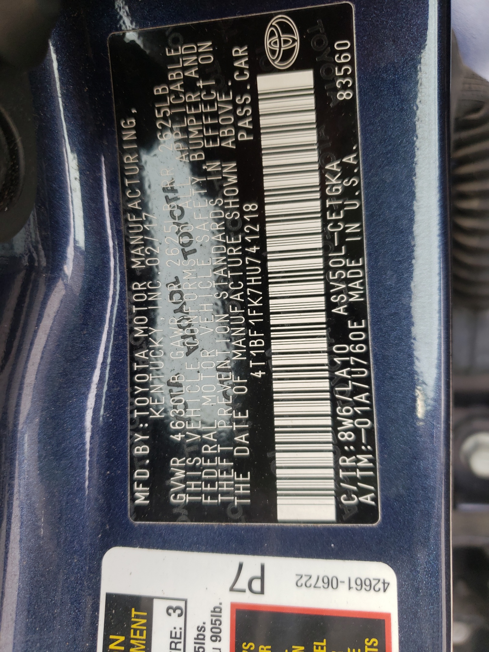 Photo 10 from auction – 2017 TOYOTA CAMRY LE with VIN 4T1BF1FK7HU741218