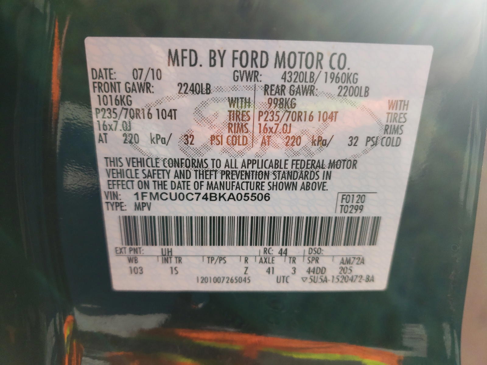 Photo 10 from auction – 2011 FORD ESCAPE XLS with VIN 1FMCU0C74BKA05506