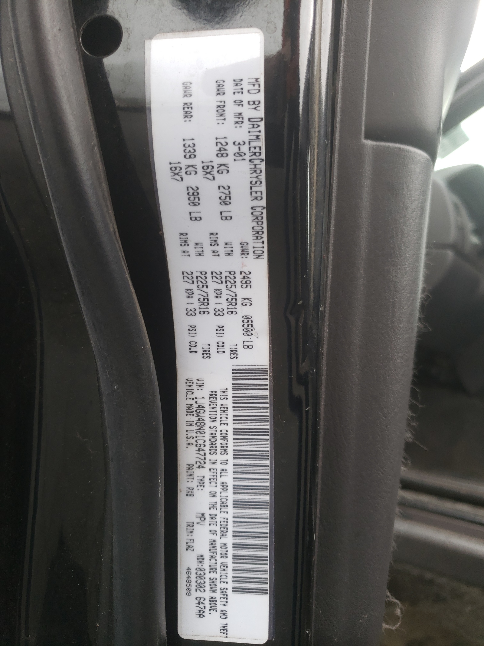 Photo 10 from auction – 2001 JEEP GRAND CHER with VIN 1J4GW48N01C647724