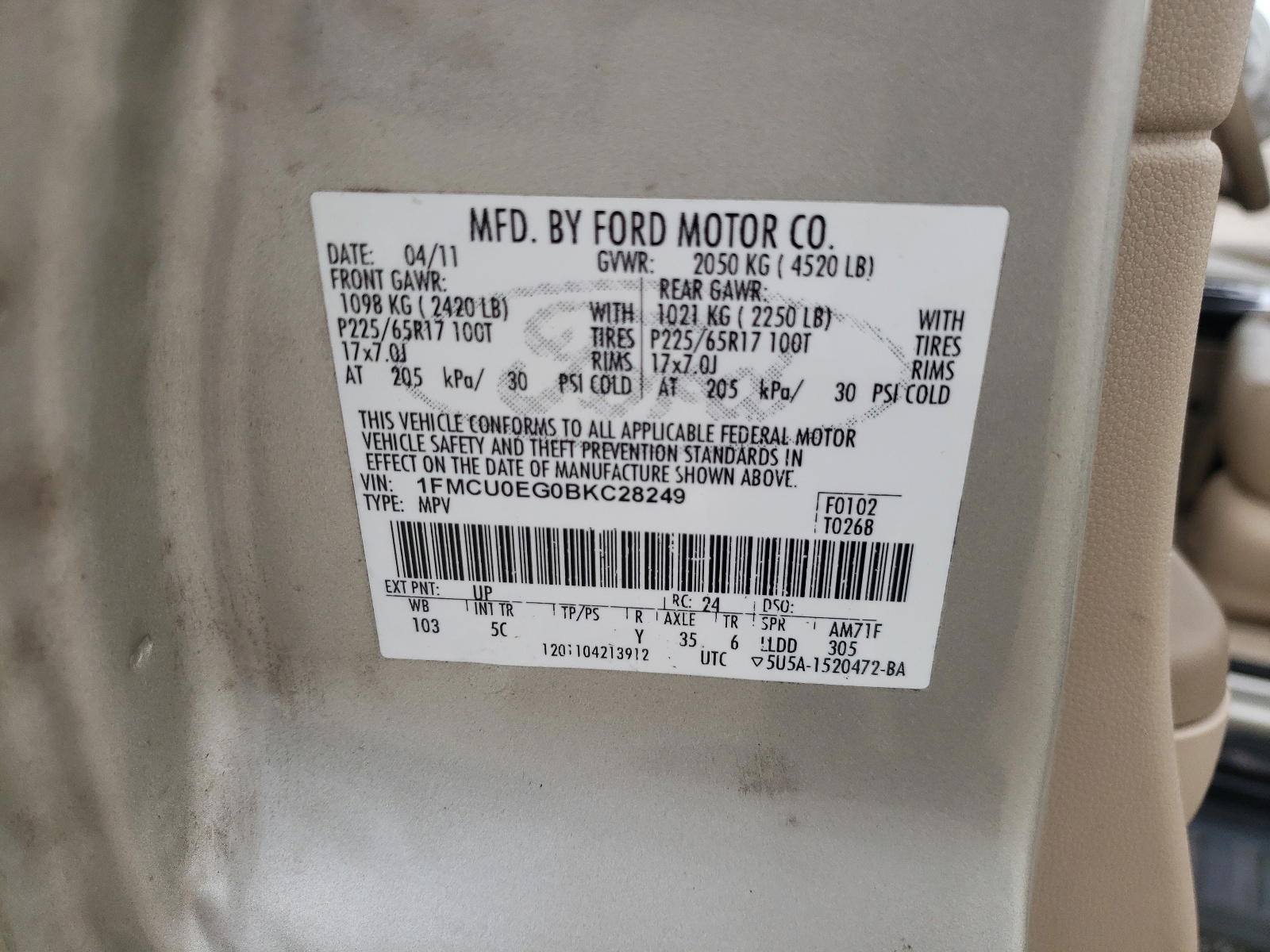 Photo 10 from auction – 2011 FORD ESCAPE LIM with VIN 1FMCU0EG0BKC28249