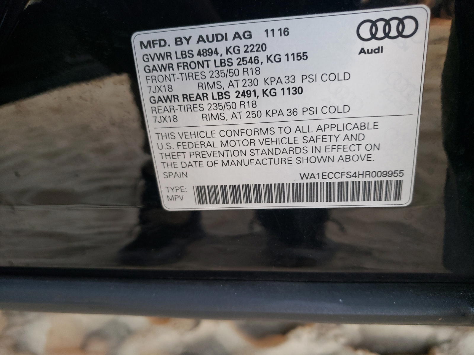 Photo 10 from auction – 2017 AUDI Q3 PREMIUM with VIN WA1ECCFS4HR009955