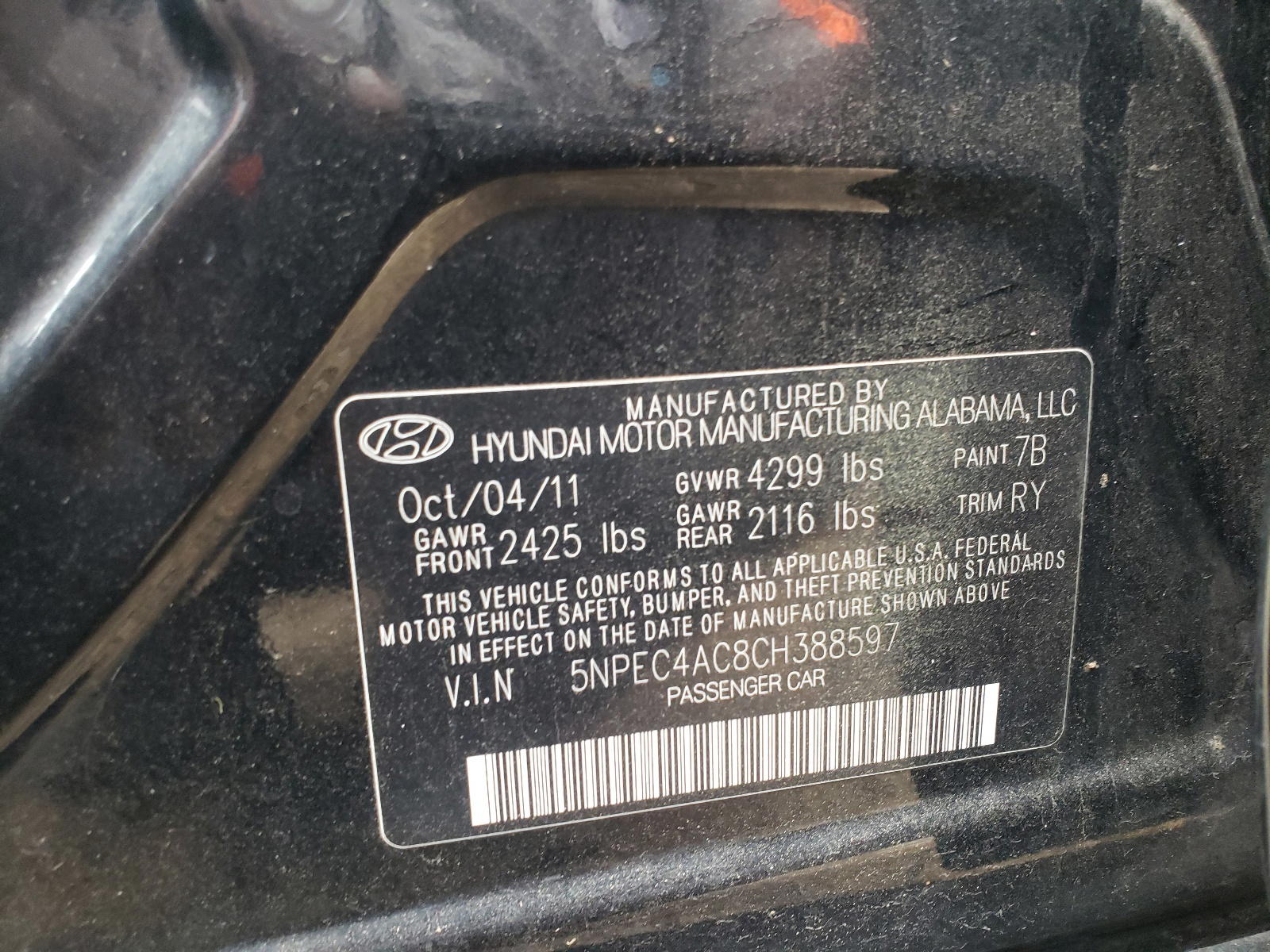 Photo 10 from auction – 2012 HYUNDAI SONATA SE with VIN 5NPEC4AC8CH388597