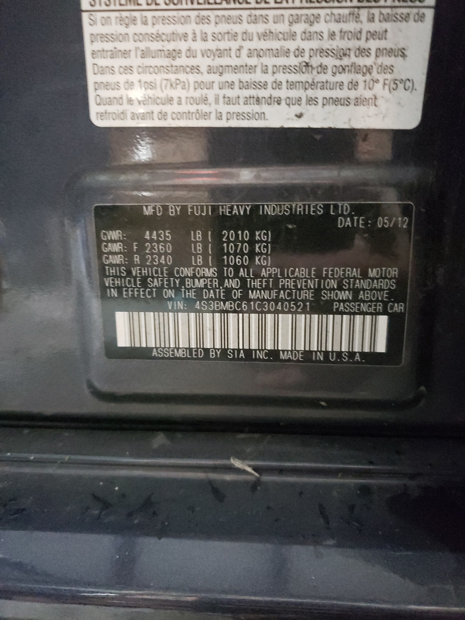 Zdjęcie 10 z aukcji – 2012 SUBARU LEGACY 2.5 z VIN 4S3BMBC61C3040521