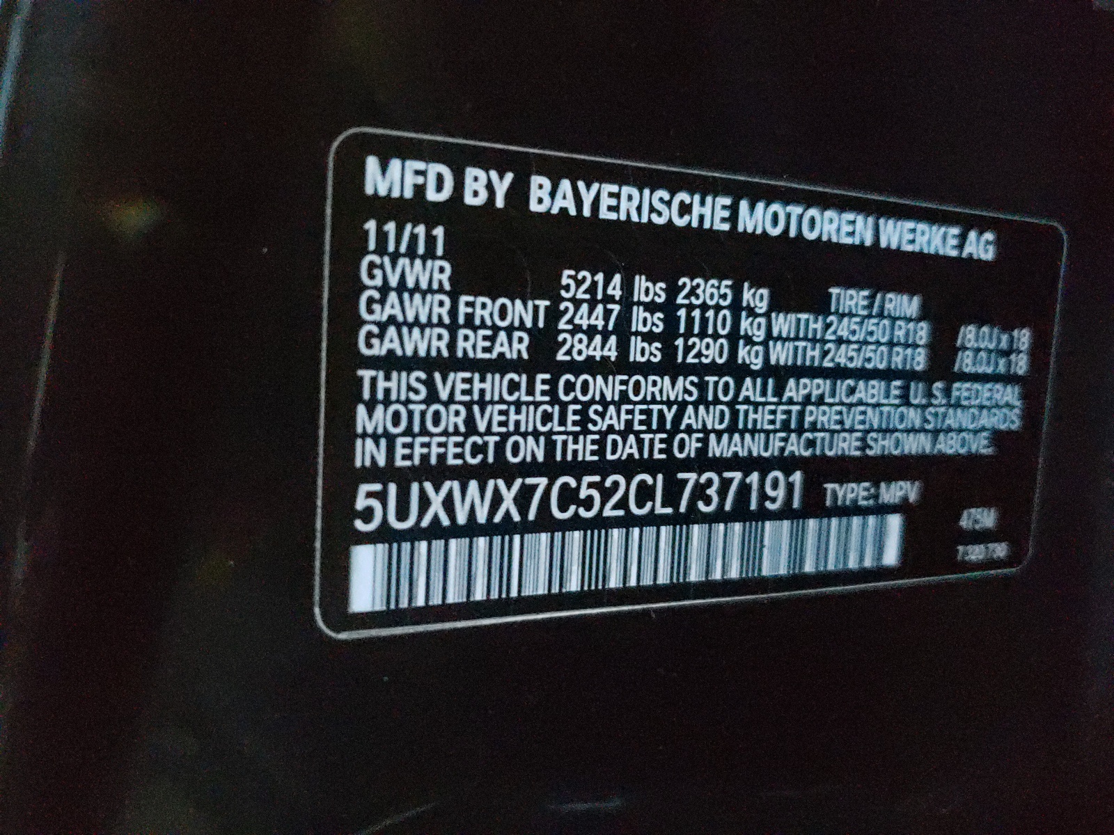 Photo 10 from auction – 2012 BMW X3 XDRIVE3 with VIN 5UXWX7C52CL737191