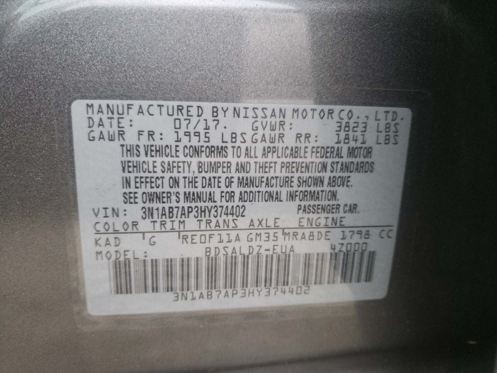 Photo 10 from auction – 2017 NISSAN SENTRA S with VIN 3N1AB7AP3HY374402