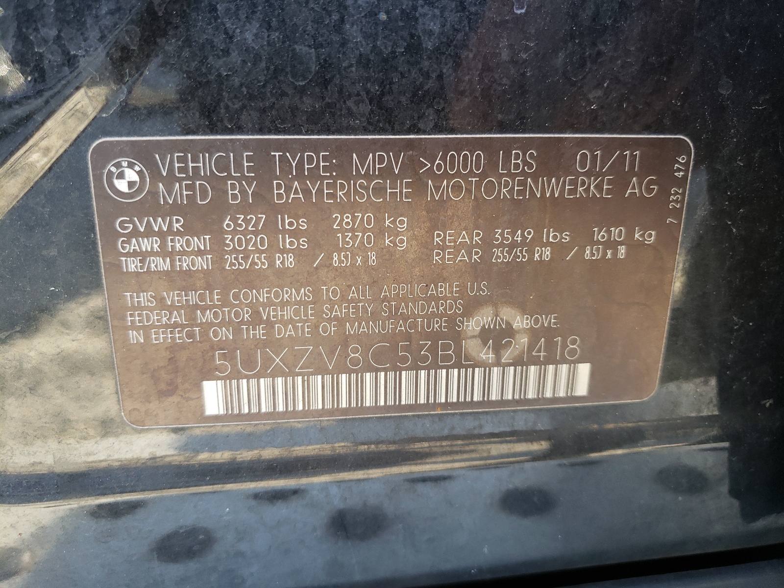 Photo 10 from auction – 2011 BMW X5 XDRIVE5 with VIN 5UXZV8C53BL421418
