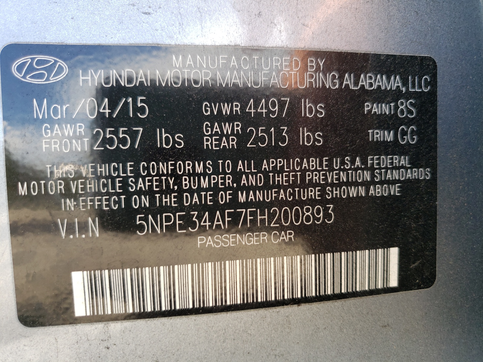 Photo 10 from auction – 2015 HYUNDAI UK with VIN 5NPE34AF7FH200893