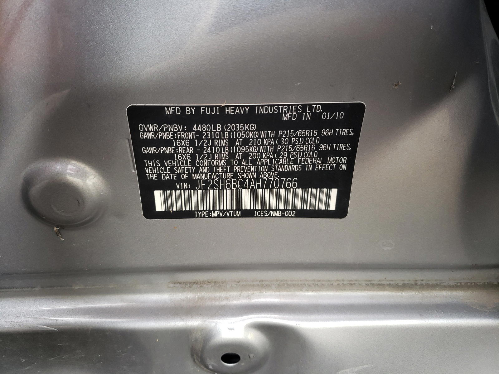 Photo 10 from auction – 2010 SUBARU FORESTER X with VIN JF2SH6BC4AH770766