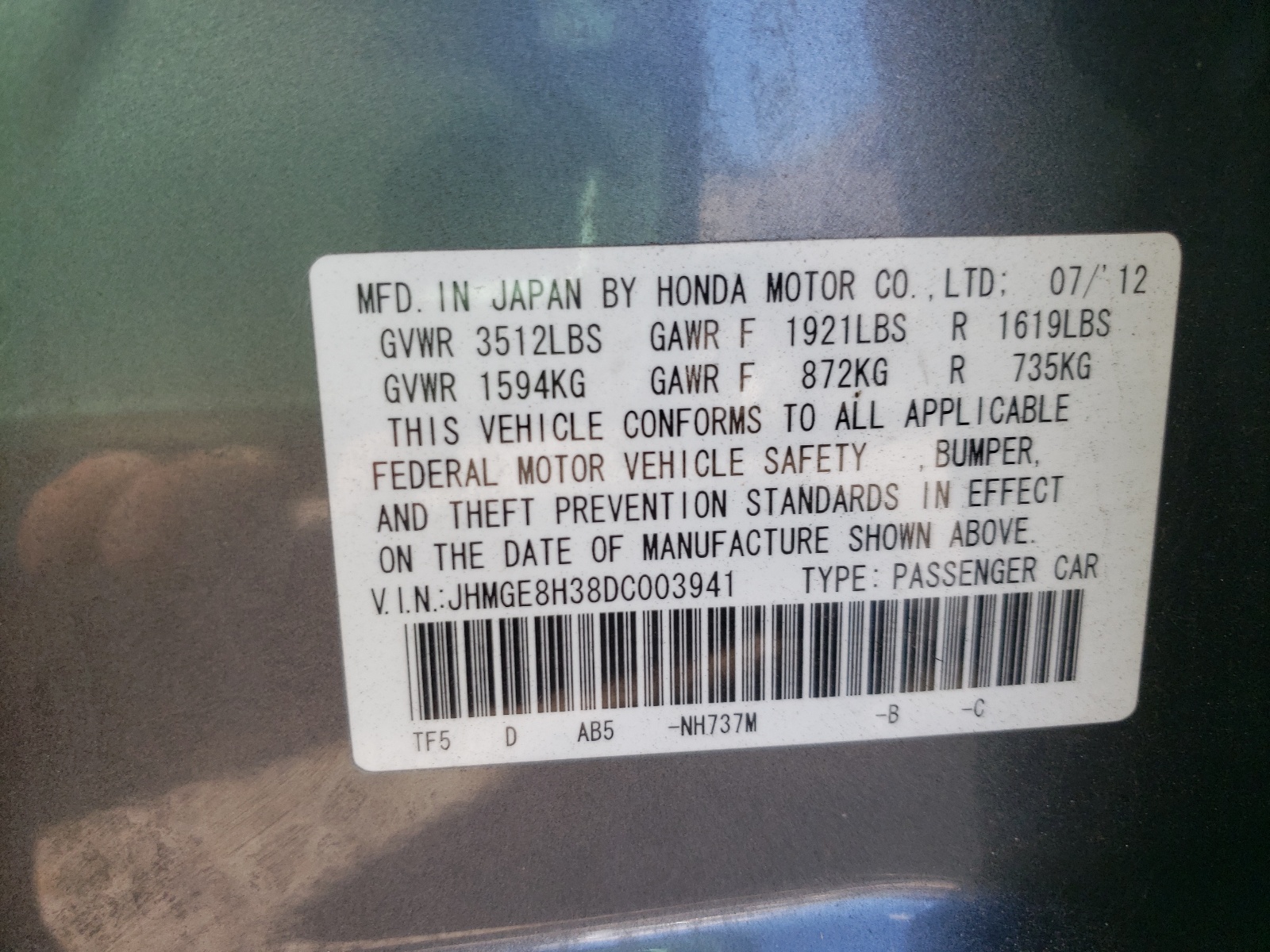 Photo 10 from auction – 2013 HONDA FIT with VIN JHMGE8H38DC003941