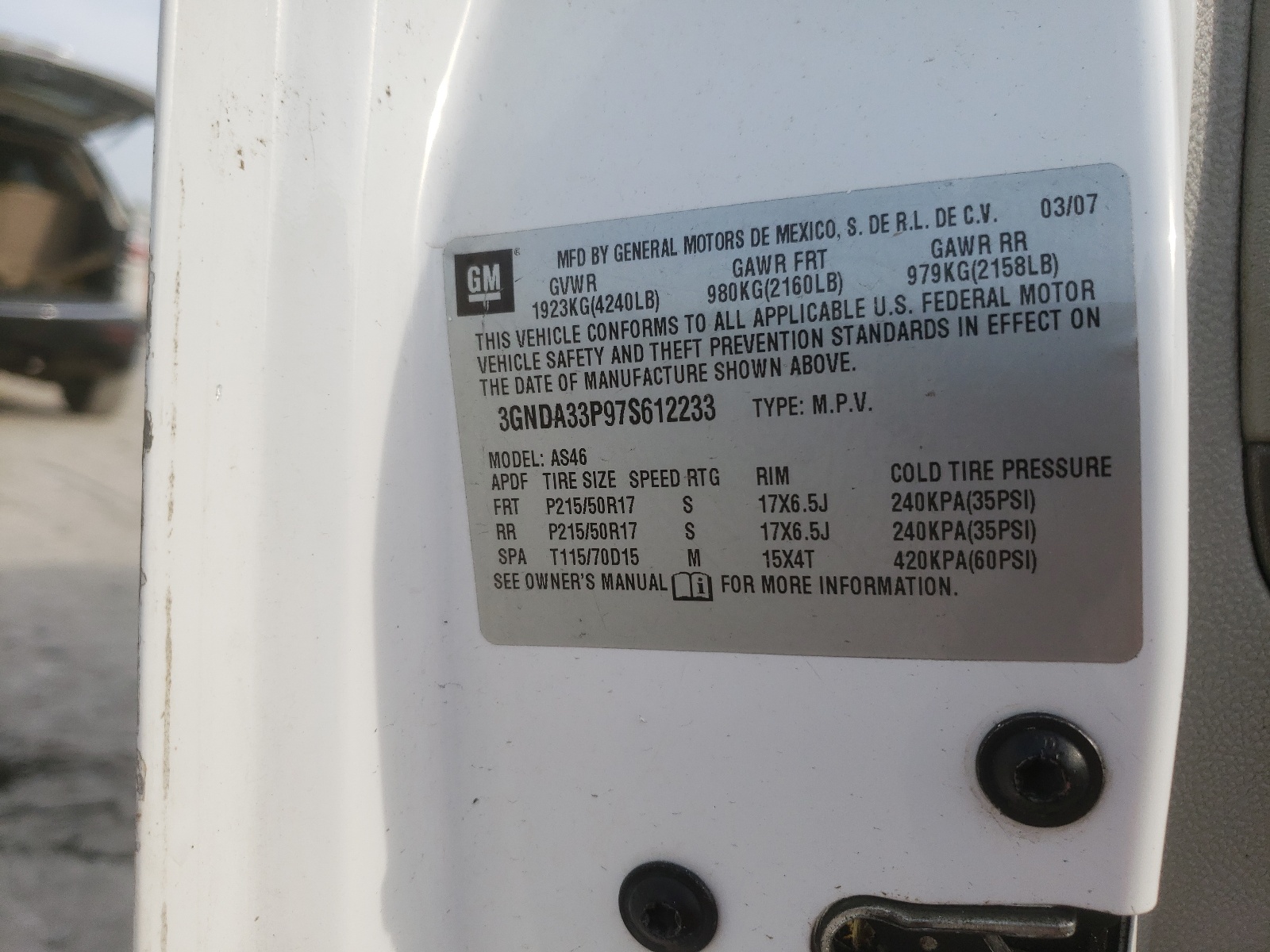 Photo 10 from auction – 2007 CHEVROLET HHR with VIN 3GNDA33P97S612233