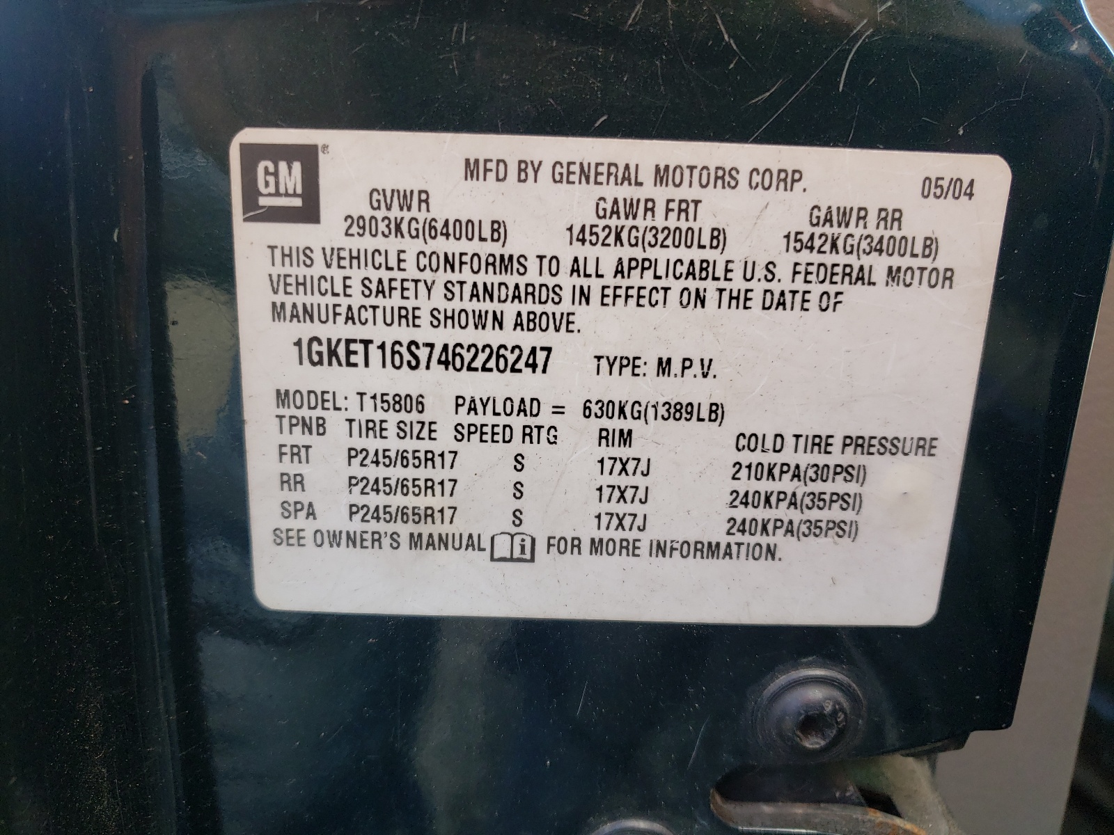 Photo 10 from auction – 2004 GMC ENVOY XL with VIN 1GKET16S746226247