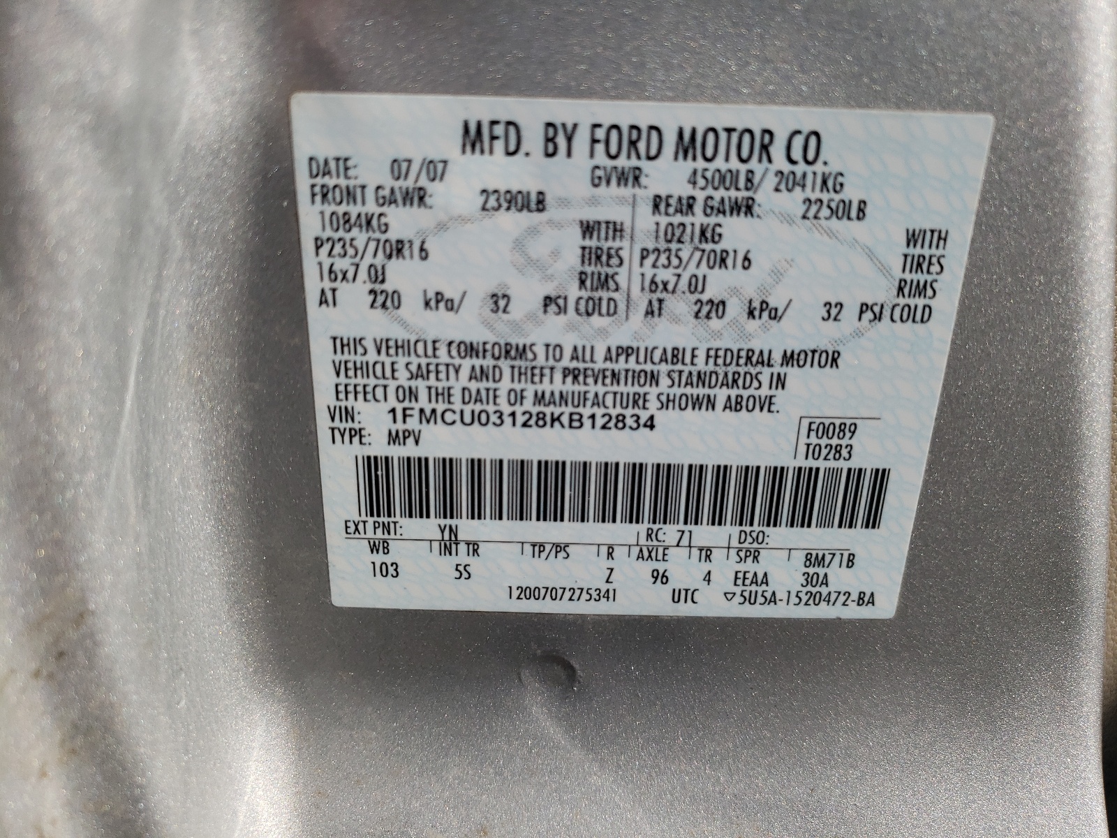 Photo 10 from auction – 2008 FORD ESCAPE XLT with VIN 1FMCU03128KB12834