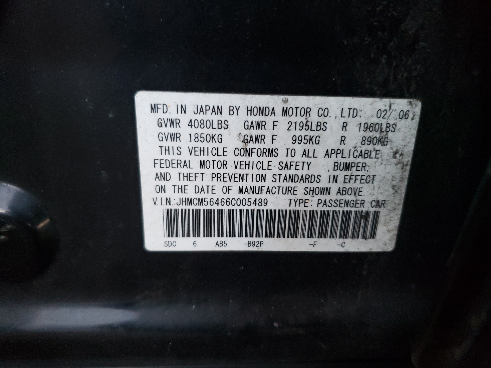 Photo 10 from auction – 2006 HONDA ACCORD LX with VIN JHMCM56466C005489