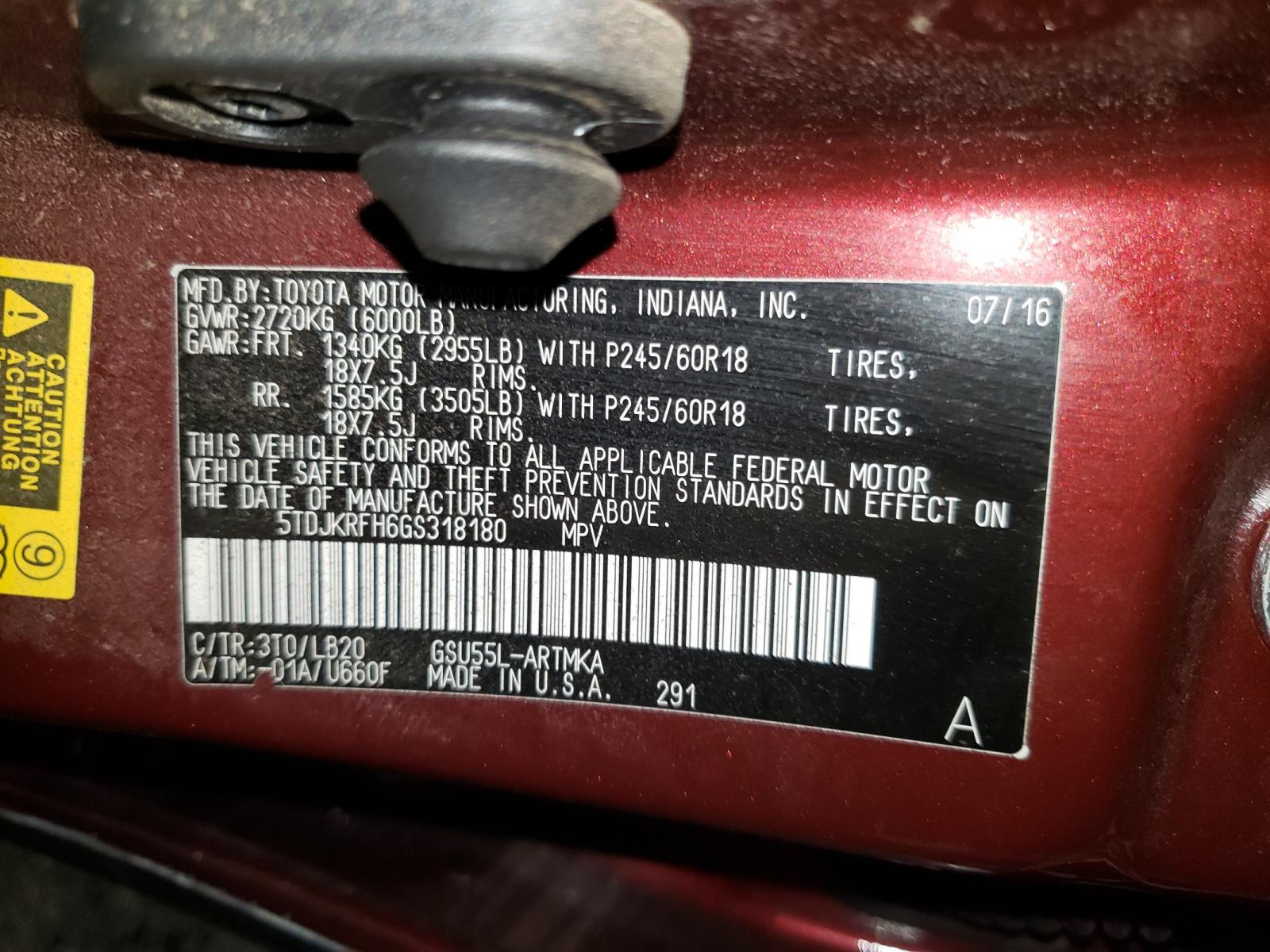 Photo 10 from auction – 2016 TOYOTA HIGHLANDER with VIN 5TDJKRFH6GS318180