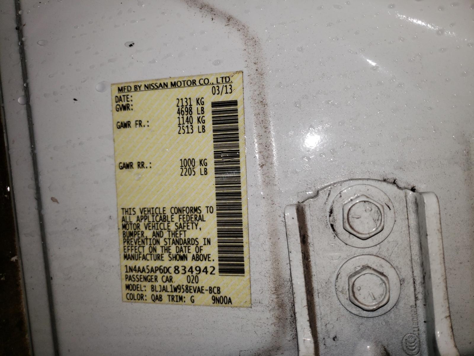 Photo 10 from auction – 2013 NISSAN MAXIMA S with VIN 1N4AA5AP6DC834942