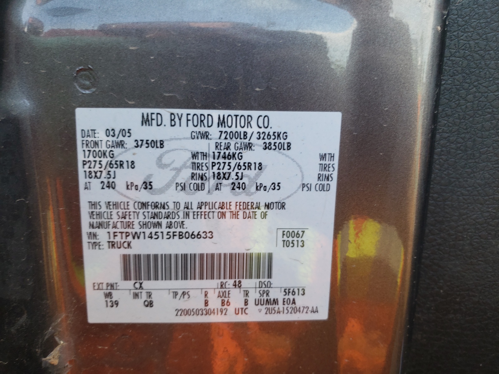 Photo 10 from auction – 2005 FORD F150 SUPER with VIN 1FTPW14515FB06633
